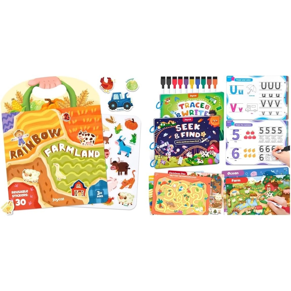 JoyCat Reusable Sticker Book – Jelly Animal Stickers for Toddlers + Preschool Learning Activities Set (2-Pack) – Seek & Find Game Books and Letters Numbers Handwriting Practice Tracing Workbooks