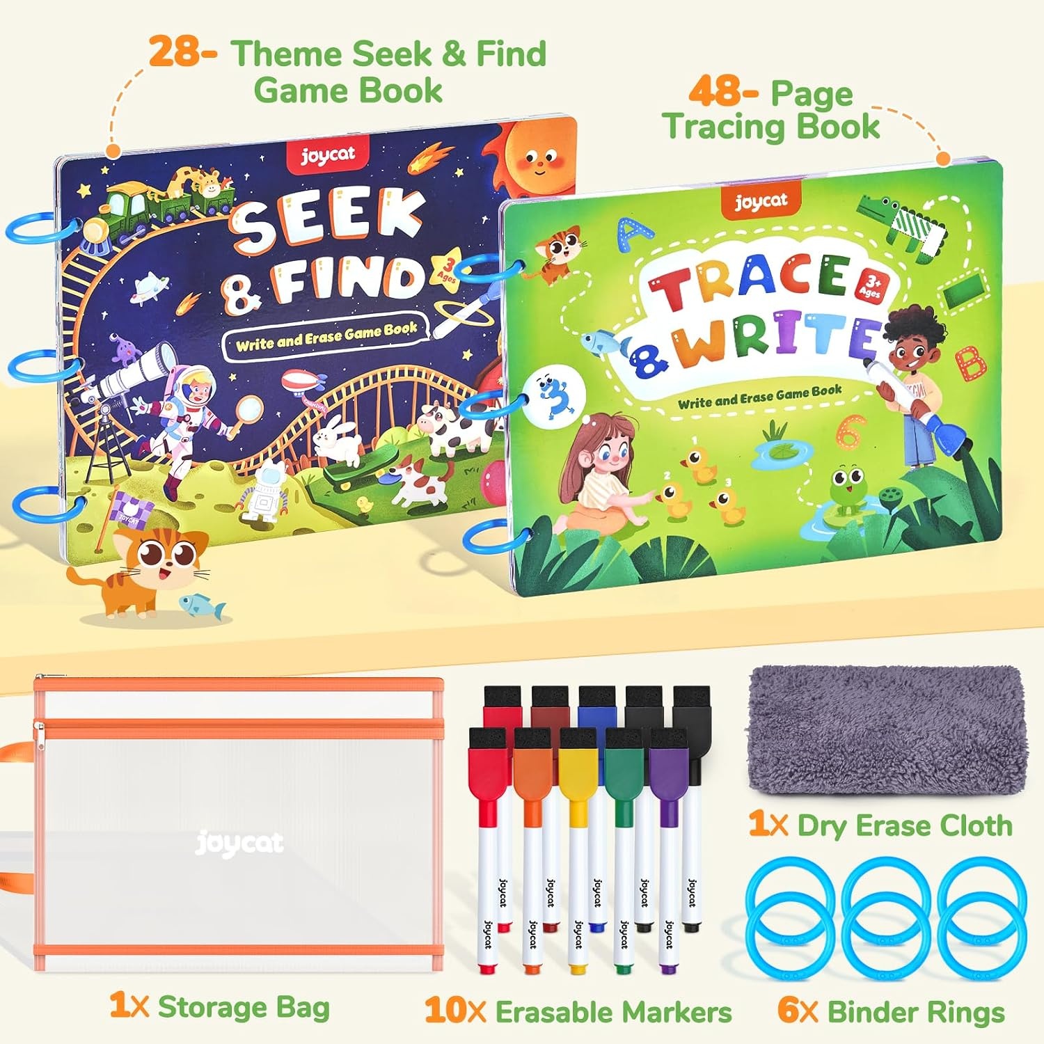 JoyCat Reusable Sticker Book – Jelly Animal Stickers for Toddlers + Preschool Learning Activities Set (2-Pack) – Seek & Find Game Books and Letters Numbers Handwriting Practice Tracing Workbooks