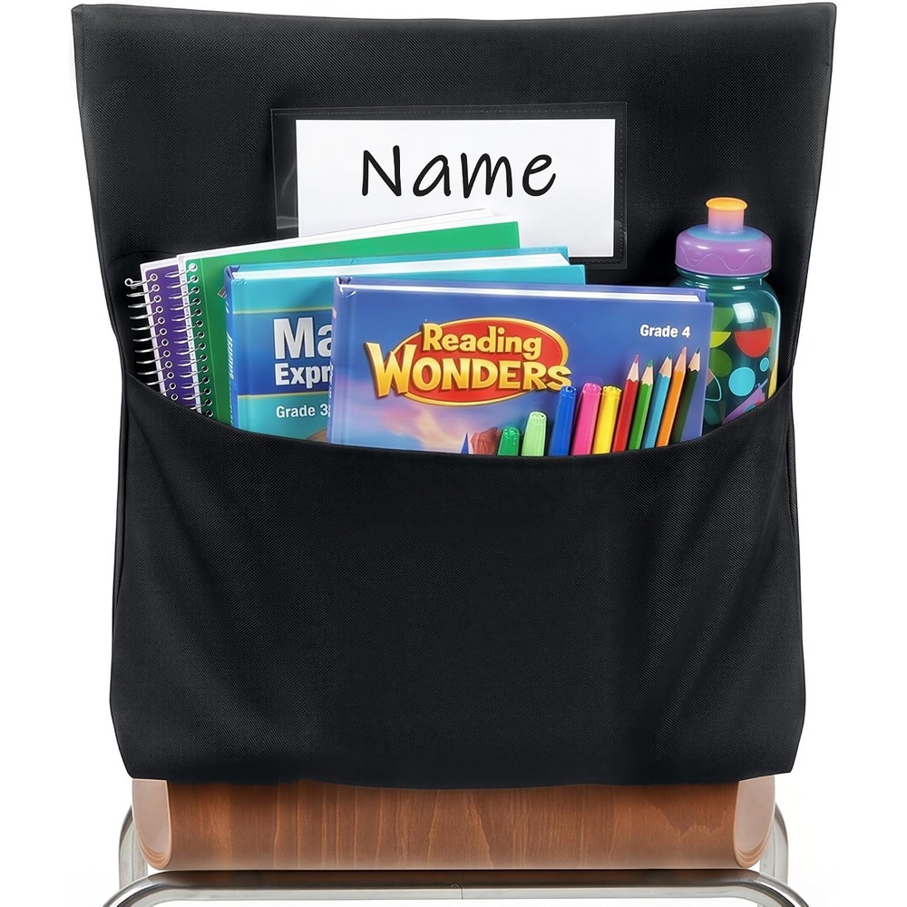Joycat 12 Pack Classroom Chair Pockets for School, 6 Pocket Student Storage Organizer with Name Tag Holder, Colorful Chair Bags for Classroom & Homeschool Supplies(Black)