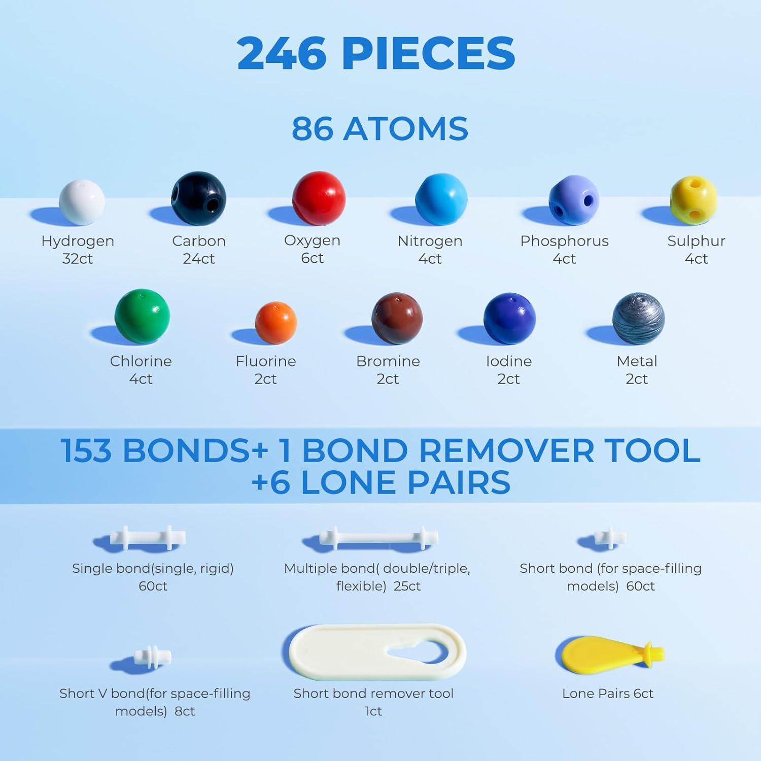 JoyCat Molecular Model Kit (404 pcs), Organic Chemistry Molecule Science Gifts for Ochem and Inorganic Students and Teachers(246 Pieces (with 2-hole & 3-hole Carbon Atoms))