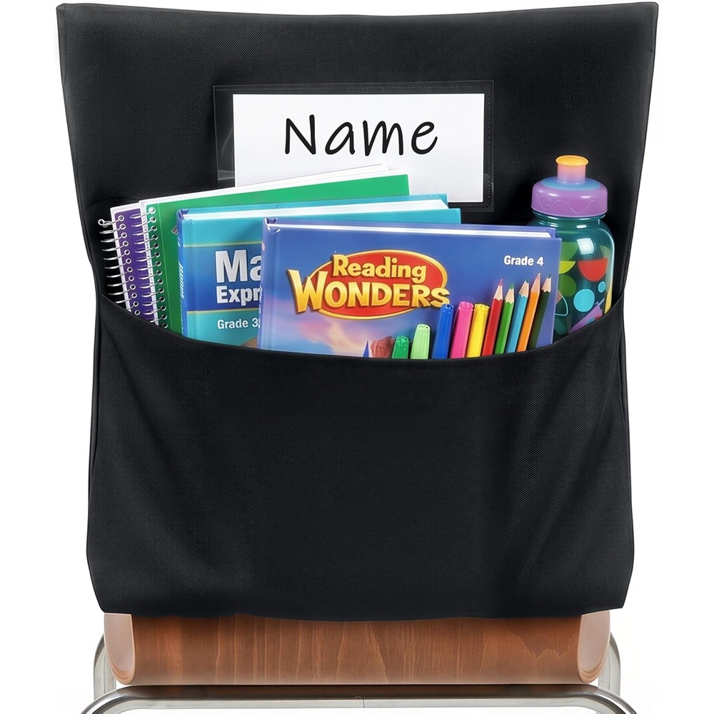 Joycat 24 Pack Classroom Chair Pocket for School, Large Capacity Student Storage Organizer with Deep Pocket & Name Tag Slot, Heavy Duty Chair Bag for Classroom Books & School Supplies(Black)