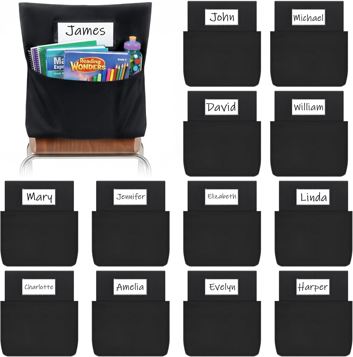 Joycat 24 Pack Classroom Chair Pocket for School, Large Capacity Student Storage Organizer with Deep Pocket & Name Tag Slot, Heavy Duty Chair Bag for Classroom Books & School Supplies(Black)