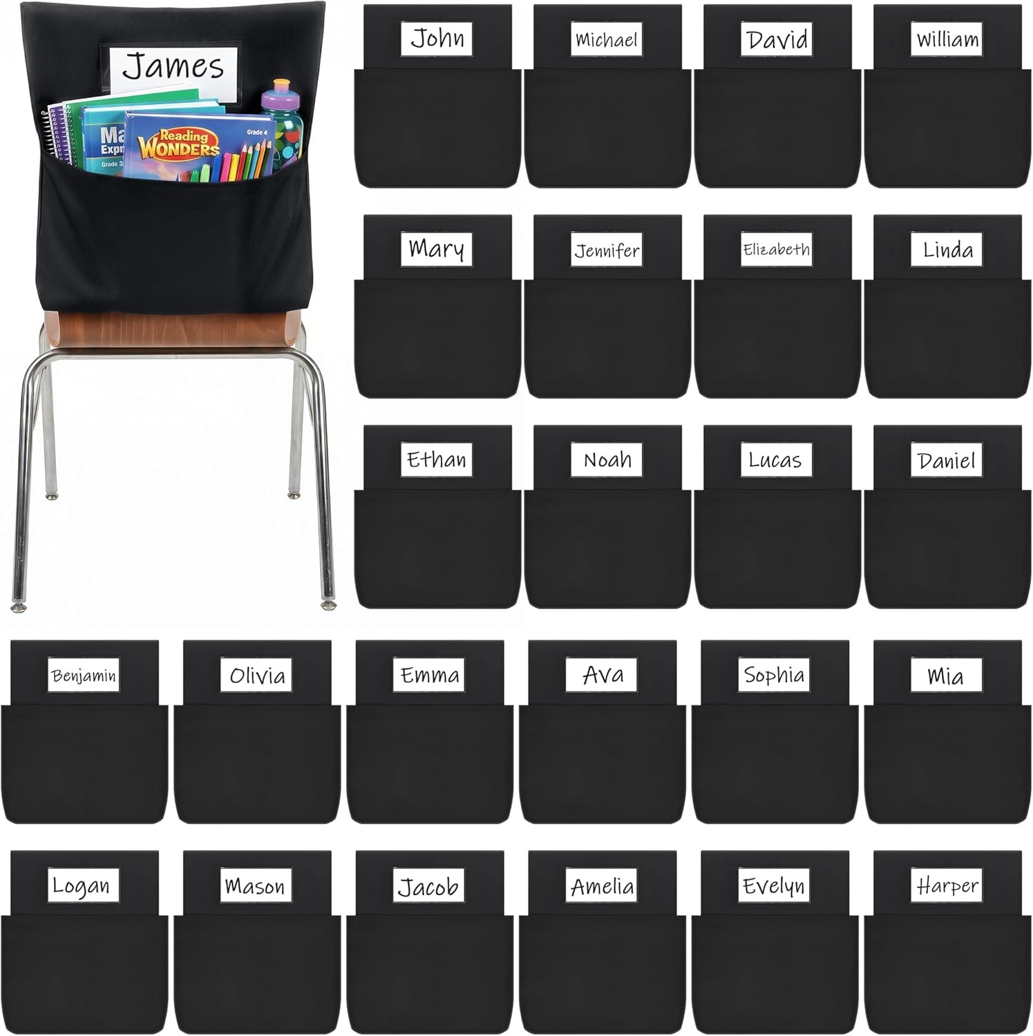 Joycat 24 Pack Classroom Chair Pocket for School, Large Capacity Student Storage Organizer with Deep Pocket & Name Tag Slot, Heavy Duty Chair Bag for Classroom Books & School Supplies(Black)