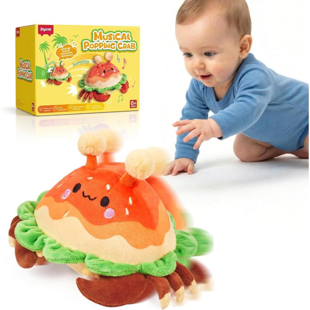 JoyCat Baby Toys 0-18 Months, Musical Crawling Crab Plush Toy – 38 Songs & Recording Feature, Bouncing Tummy Time Toy, Sensory Toys with Crinkle & Textures for Newborn Boys Girl Shower Gifts