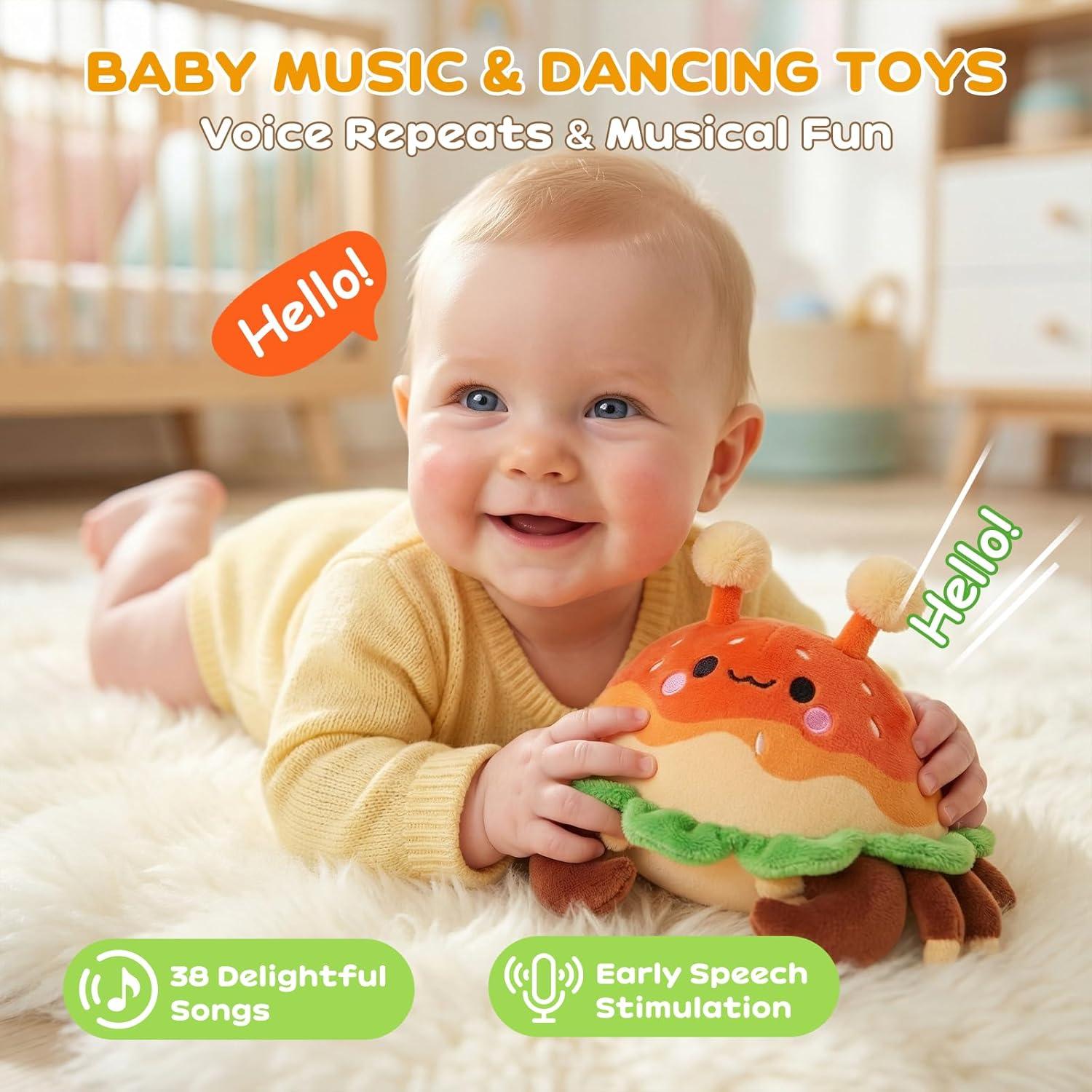 JoyCat Baby Toys 0-18 Months, Musical Crawling Crab Plush Toy – 38 Songs & Recording Feature, Bouncing Tummy Time Toy, Sensory Toys with Crinkle & Textures for Newborn Boys Girl Shower Gifts