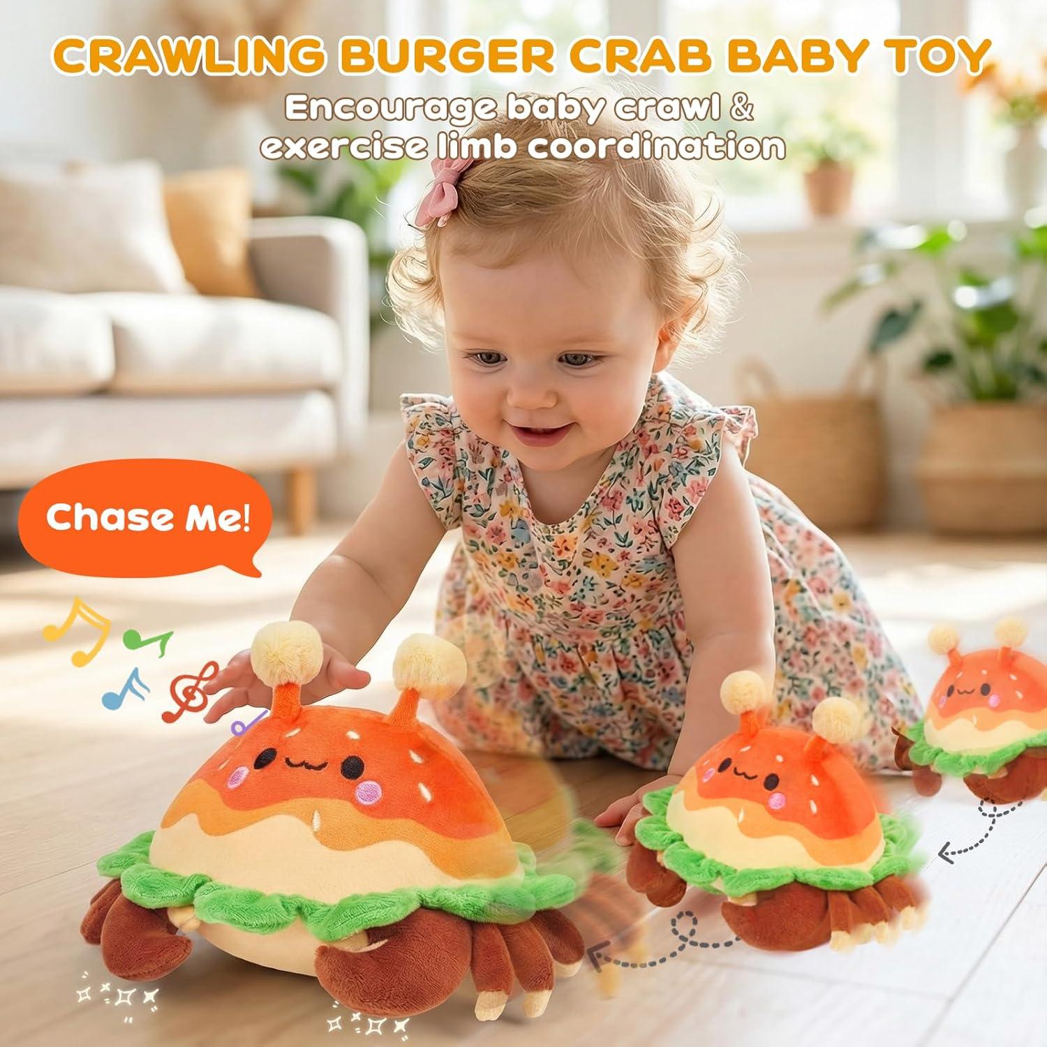 JoyCat Baby Toys 0-18 Months, Musical Crawling Crab Plush Toy – 38 Songs & Recording Feature, Bouncing Tummy Time Toy, Sensory Toys with Crinkle & Textures for Newborn Boys Girl Shower Gifts