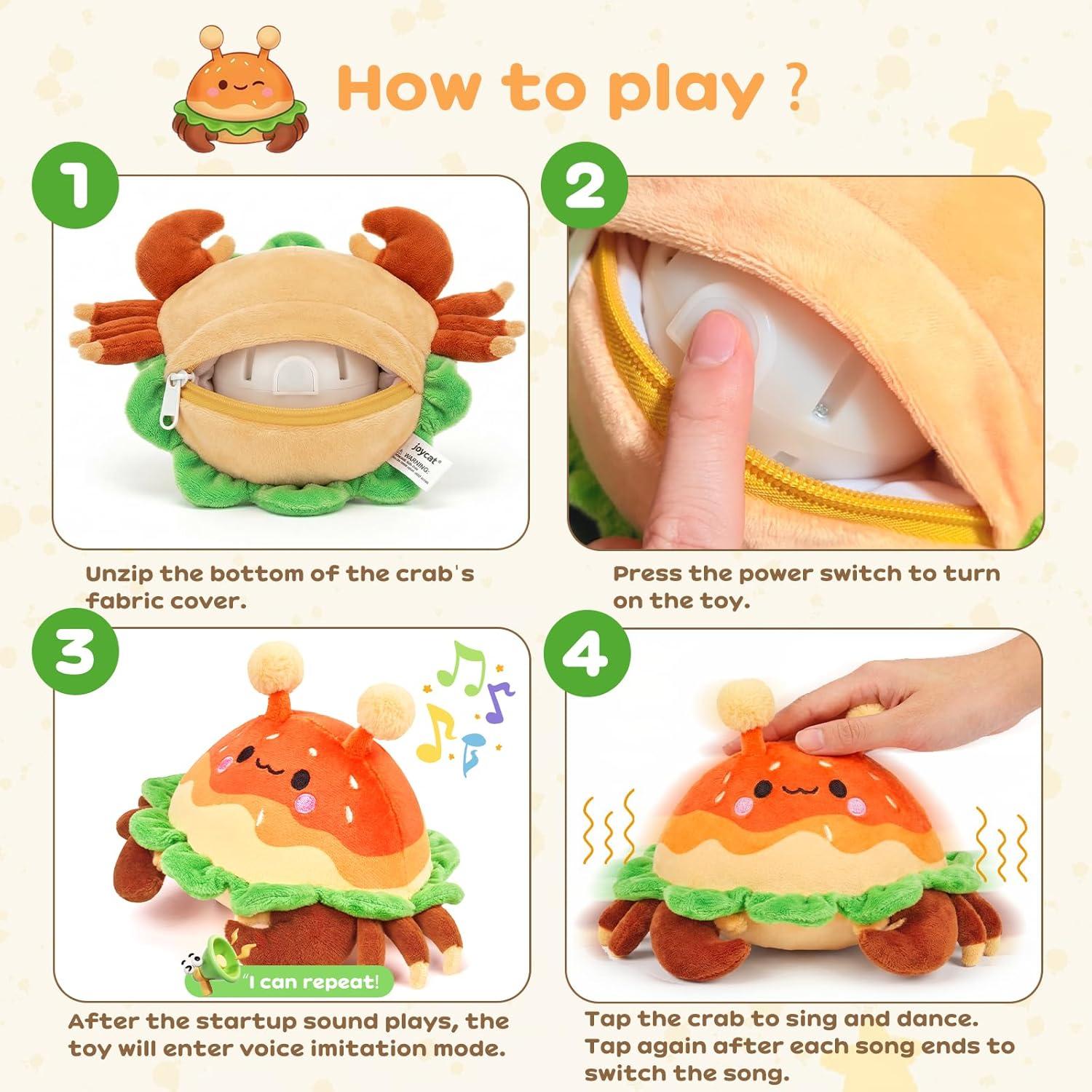 JoyCat Baby Toys 0-18 Months, Musical Crawling Crab Plush Toy – 38 Songs & Recording Feature, Bouncing Tummy Time Toy, Sensory Toys with Crinkle & Textures for Newborn Boys Girl Shower Gifts