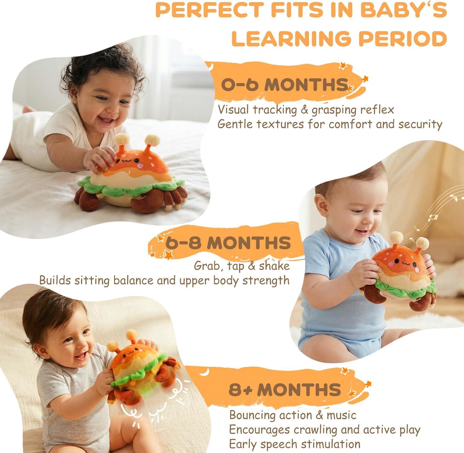 JoyCat Baby Toys 0-18 Months, Musical Crawling Crab Plush Toy – 38 Songs & Recording Feature, Bouncing Tummy Time Toy, Sensory Toys with Crinkle & Textures for Newborn Boys Girl Shower Gifts