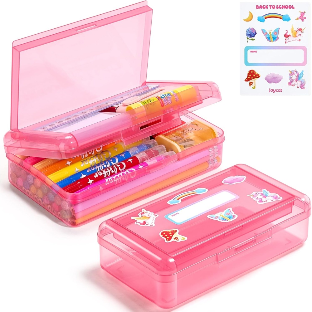 GAMENOTE Double Layer Pencil Box, Hard Plastic Case with Latch, Large Art Storage Organizer for Kids, Crayon Marker Pen Holder with Stickers (Double-Layer Blue)(Double-Layer Pink)