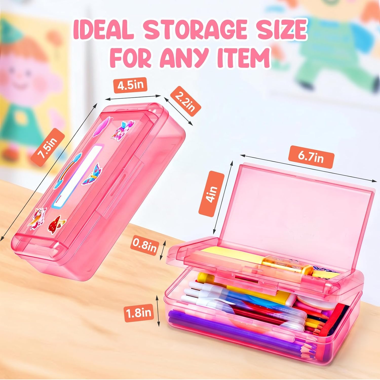 GAMENOTE Double Layer Pencil Box, Hard Plastic Case with Latch, Large Art Storage Organizer for Kids, Crayon Marker Pen Holder with Stickers (Double-Layer Blue)(Double-Layer Pink)