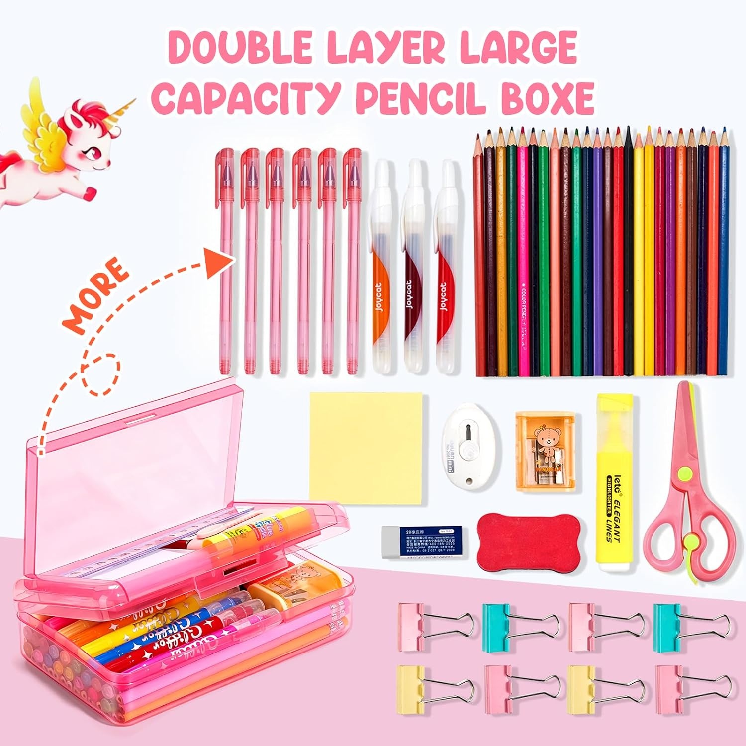 GAMENOTE Double Layer Pencil Box, Hard Plastic Case with Latch, Large Art Storage Organizer for Kids, Crayon Marker Pen Holder with Stickers (Double-Layer Blue)(Double-Layer Pink)