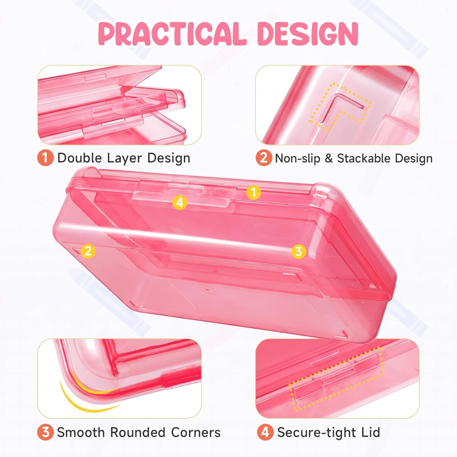 GAMENOTE Double Layer Pencil Box, Hard Plastic Case with Latch, Large Art Storage Organizer for Kids, Crayon Marker Pen Holder with Stickers (Double-Layer Blue)(Double-Layer Pink)