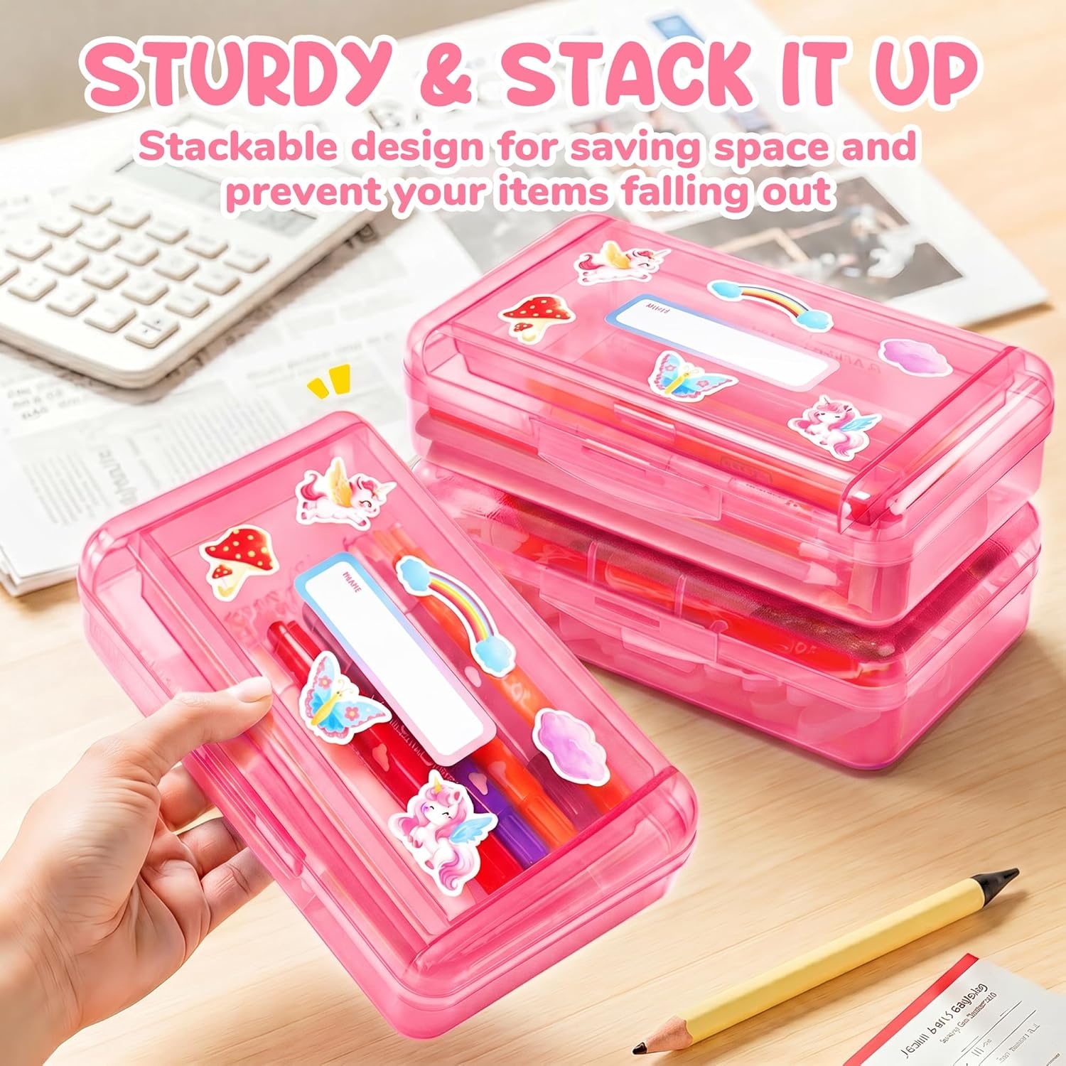 GAMENOTE Double Layer Pencil Box, Hard Plastic Case with Latch, Large Art Storage Organizer for Kids, Crayon Marker Pen Holder with Stickers (Double-Layer Blue)(Double-Layer Pink)