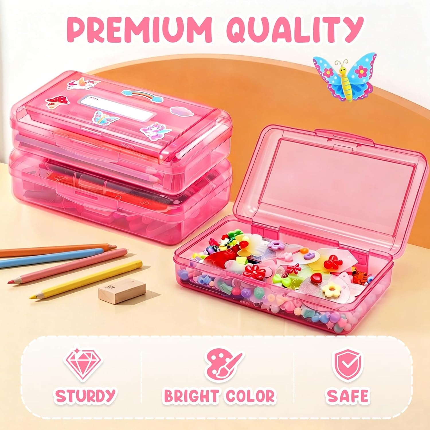 GAMENOTE Double Layer Pencil Box, Hard Plastic Case with Latch, Large Art Storage Organizer for Kids, Crayon Marker Pen Holder with Stickers (Double-Layer Blue)(Double-Layer Pink)