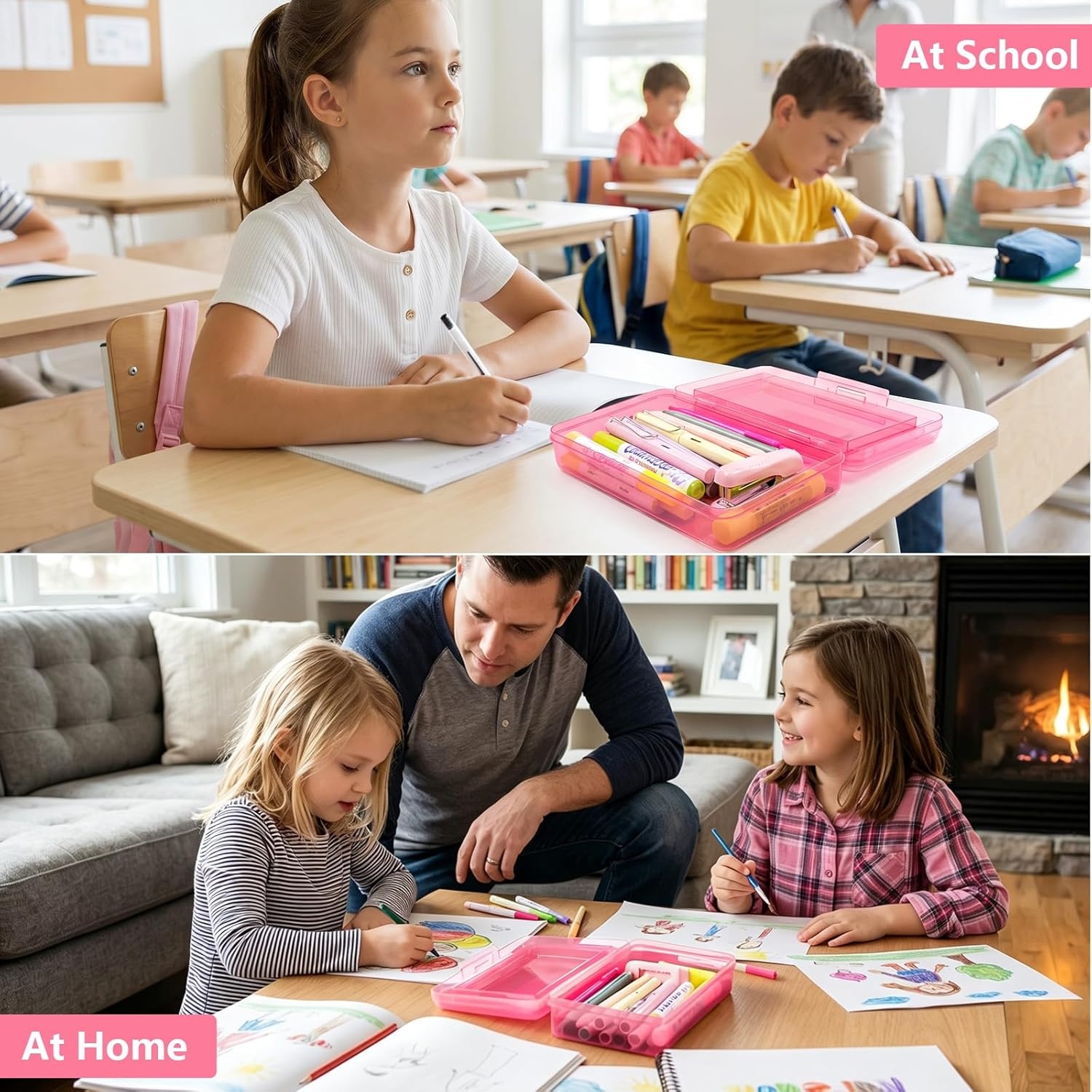 GAMENOTE Double Layer Pencil Box, Hard Plastic Case with Latch, Large Art Storage Organizer for Kids, Crayon Marker Pen Holder with Stickers (Double-Layer Blue)(Double-Layer Pink)