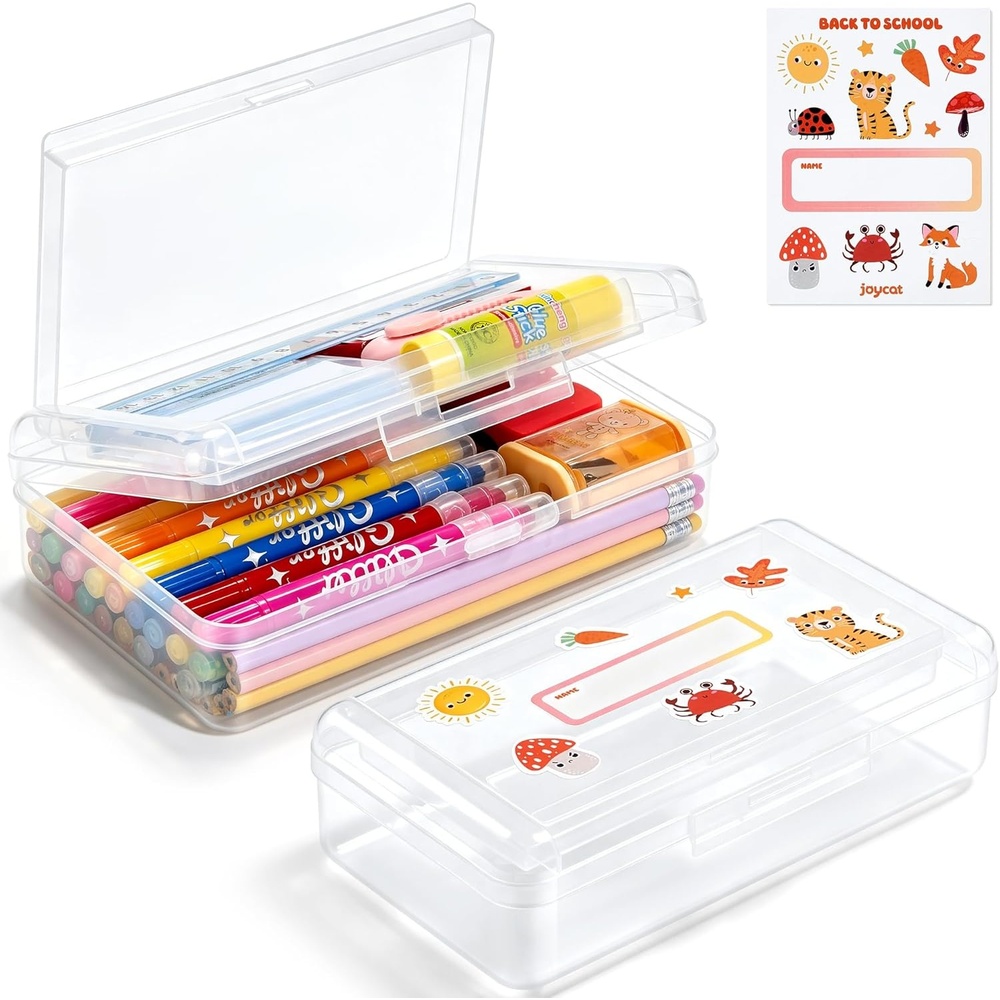 GAMENOTE Double Layer Pencil Box, Hard Plastic Case with Latch, Large Art Storage Organizer for Kids, Crayon Marker Pen Holder with Stickers (Double-Layer Blue)(Double-Layer Clear)