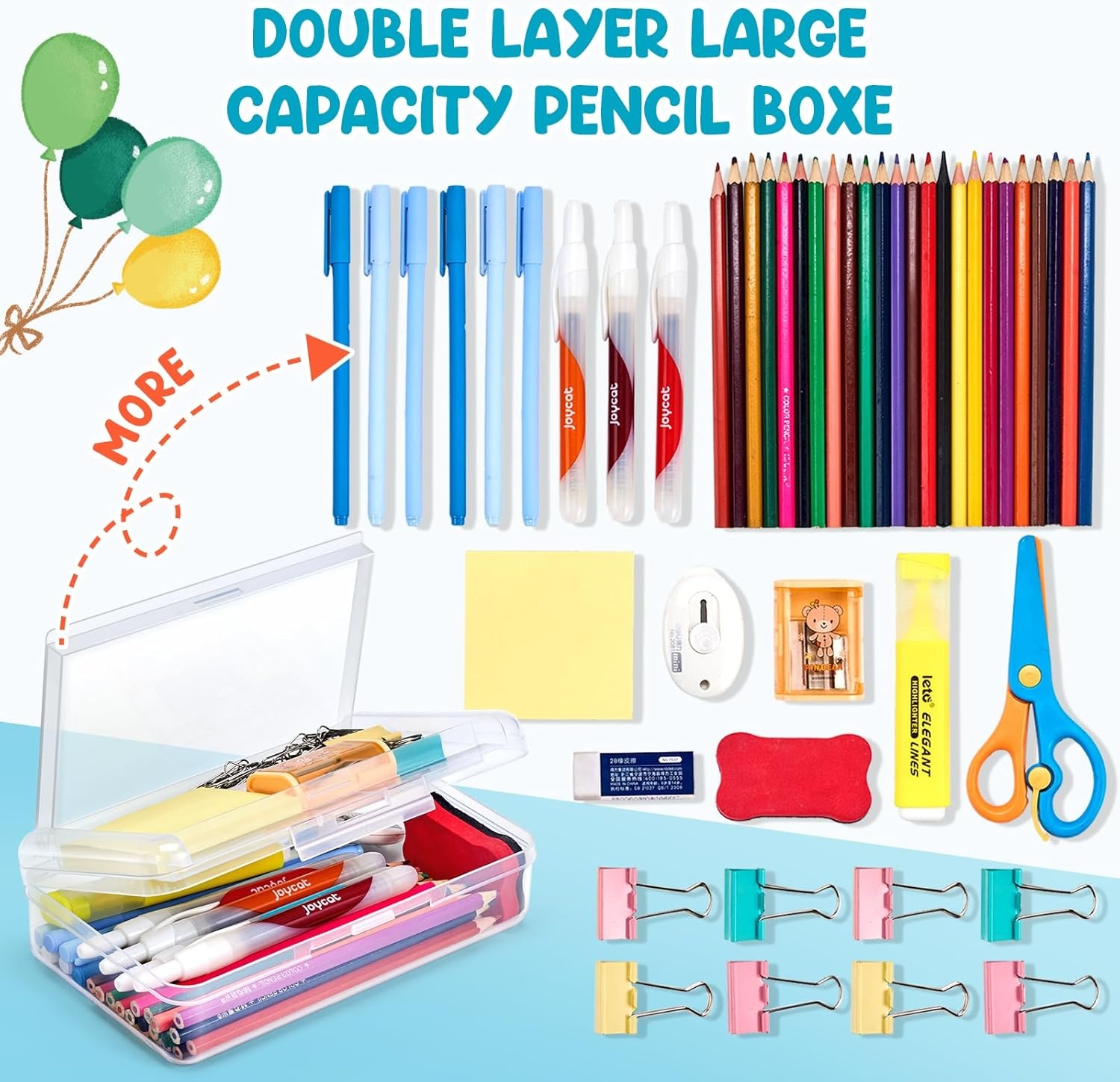 GAMENOTE Double Layer Pencil Box, Hard Plastic Case with Latch, Large Art Storage Organizer for Kids, Crayon Marker Pen Holder with Stickers (Double-Layer Blue)(Double-Layer Clear)