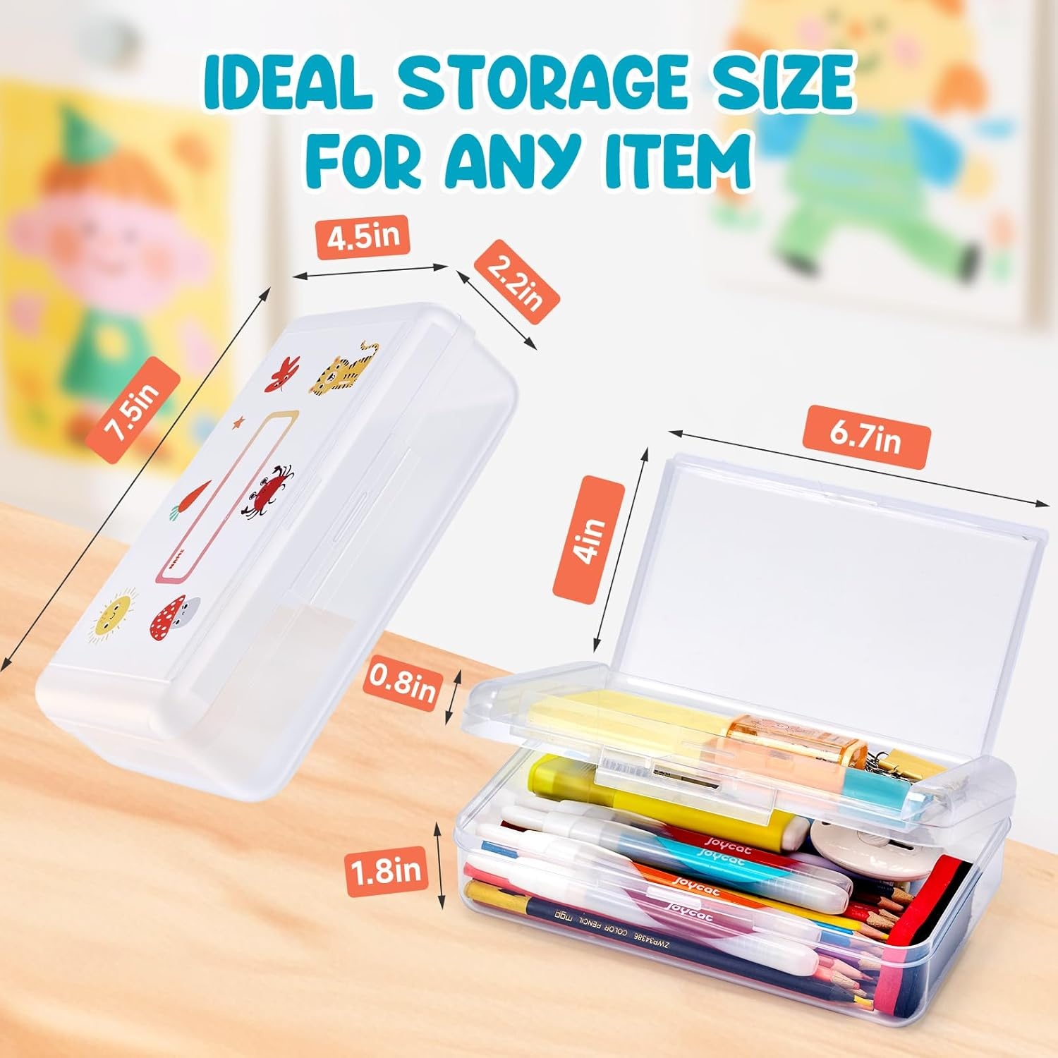 GAMENOTE Double Layer Pencil Box, Hard Plastic Case with Latch, Large Art Storage Organizer for Kids, Crayon Marker Pen Holder with Stickers (Double-Layer Blue)(Double-Layer Clear)