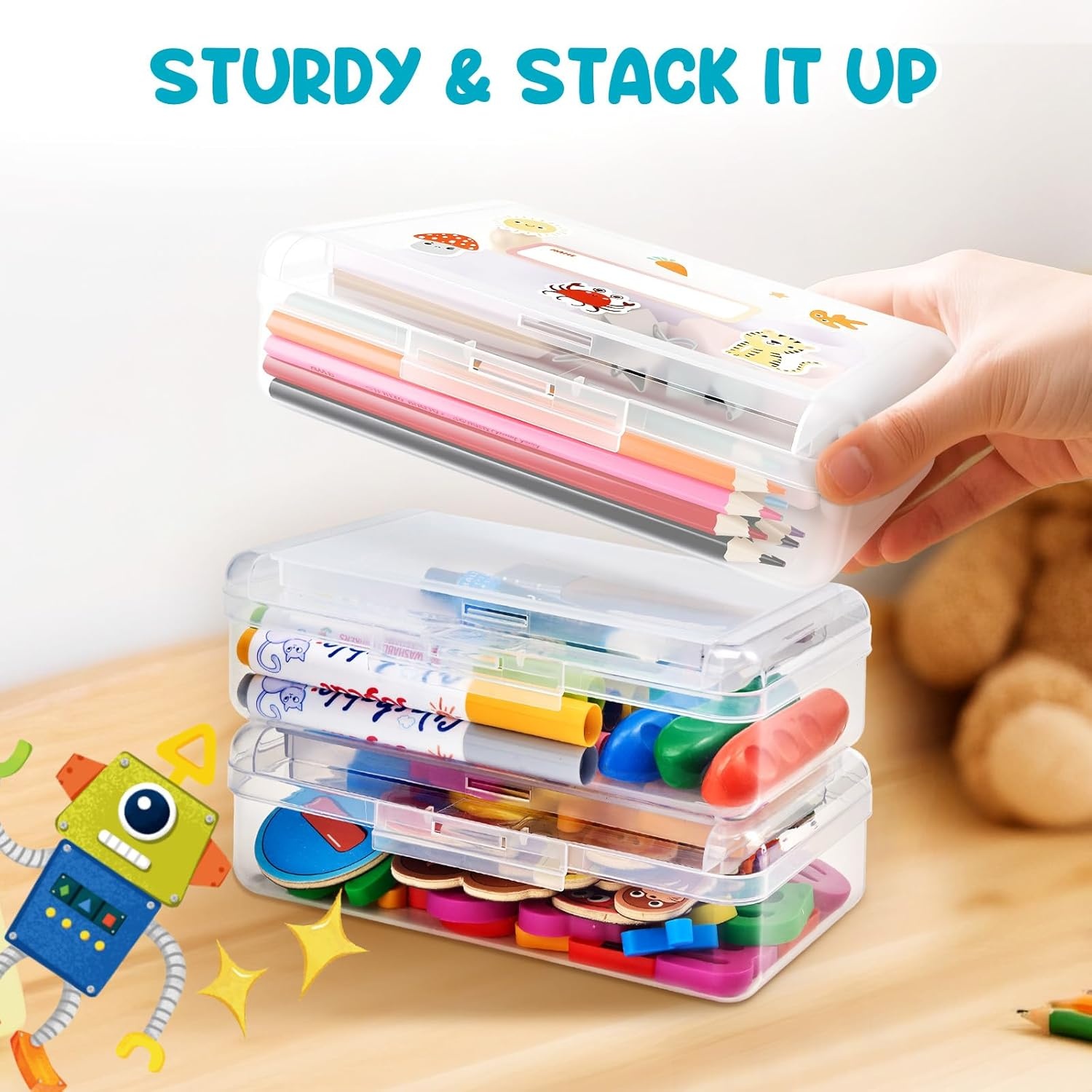 GAMENOTE Double Layer Pencil Box, Hard Plastic Case with Latch, Large Art Storage Organizer for Kids, Crayon Marker Pen Holder with Stickers (Double-Layer Blue)(Double-Layer Clear)