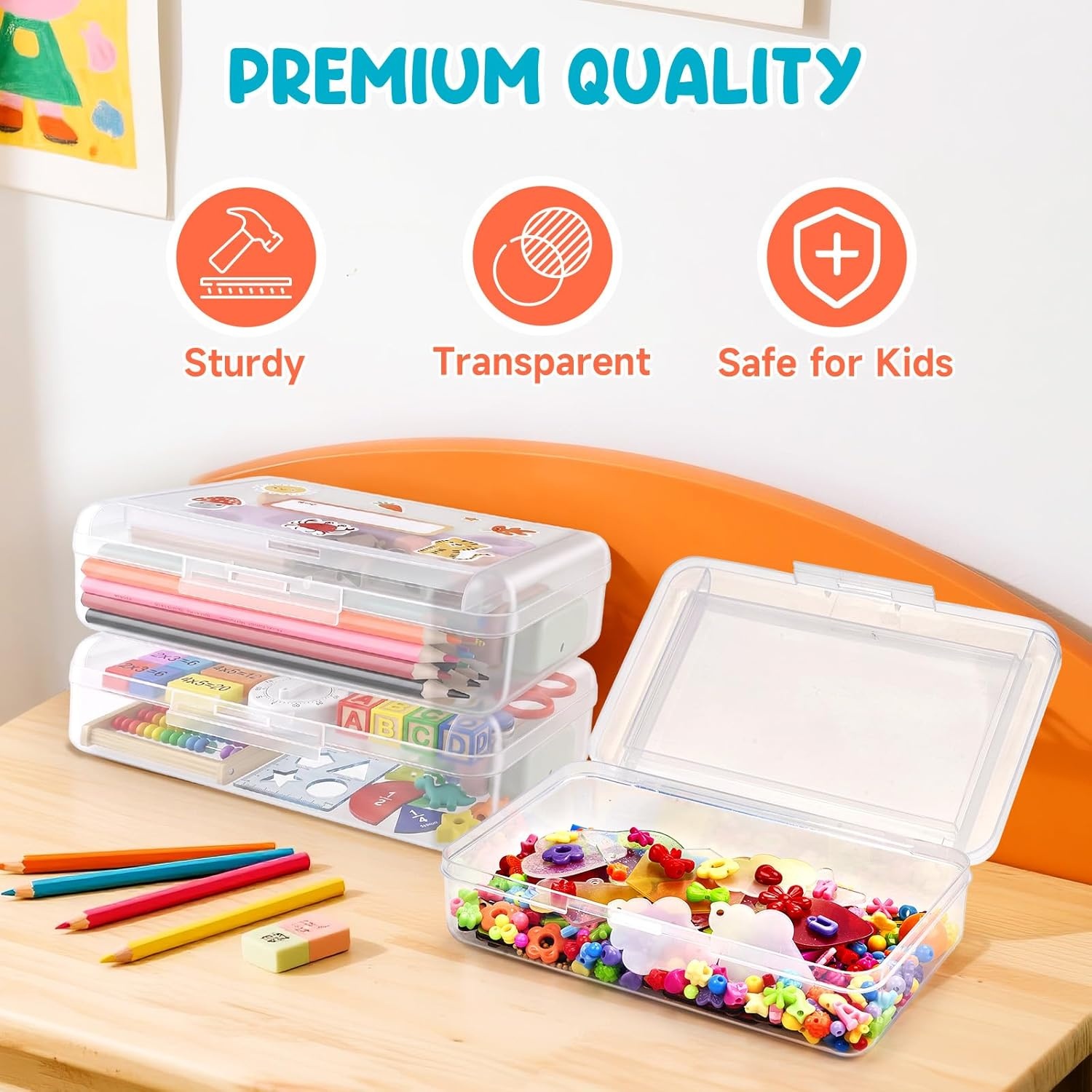 GAMENOTE Double Layer Pencil Box, Hard Plastic Case with Latch, Large Art Storage Organizer for Kids, Crayon Marker Pen Holder with Stickers (Double-Layer Blue)(Double-Layer Clear)