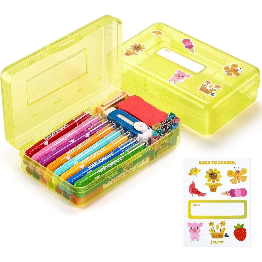 GAMENOTE Plastic Pencil Box with Personalized Sticker,Kid Hard Pencil Case with Snap-tight Lid,Small Art Craft Storage Containers,School Supplies Box for Boys,Girls (Purple)(Yellow)