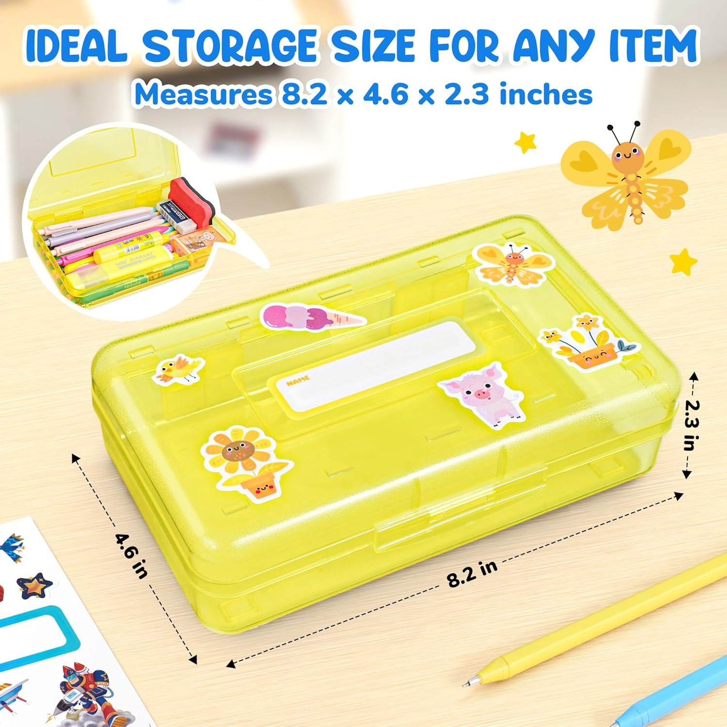 GAMENOTE Plastic Pencil Box with Personalized Sticker,Kid Hard Pencil Case with Snap-tight Lid,Small Art Craft Storage Containers,School Supplies Box for Boys,Girls (Purple)(Yellow)