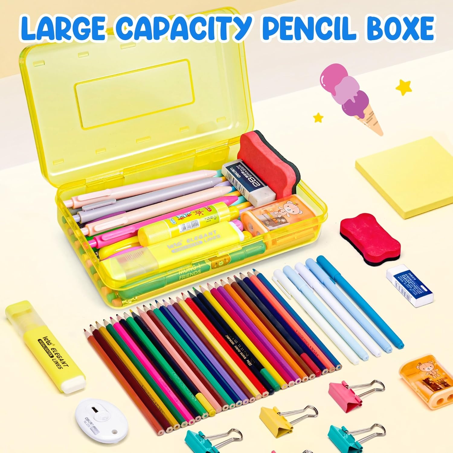 GAMENOTE Plastic Pencil Box with Personalized Sticker,Kid Hard Pencil Case with Snap-tight Lid,Small Art Craft Storage Containers,School Supplies Box for Boys,Girls (Purple)(Yellow)