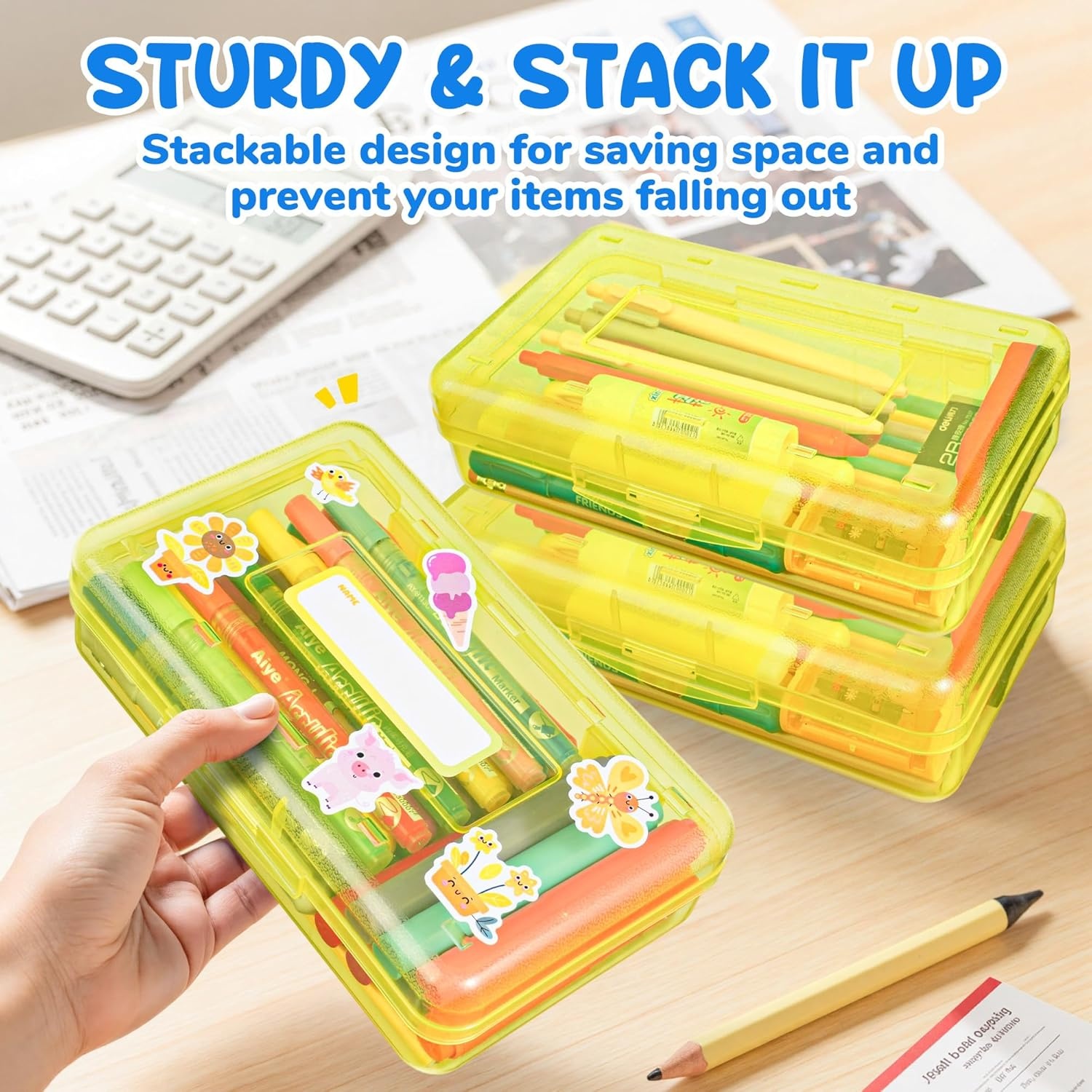 GAMENOTE Plastic Pencil Box with Personalized Sticker,Kid Hard Pencil Case with Snap-tight Lid,Small Art Craft Storage Containers,School Supplies Box for Boys,Girls (Purple)(Yellow)