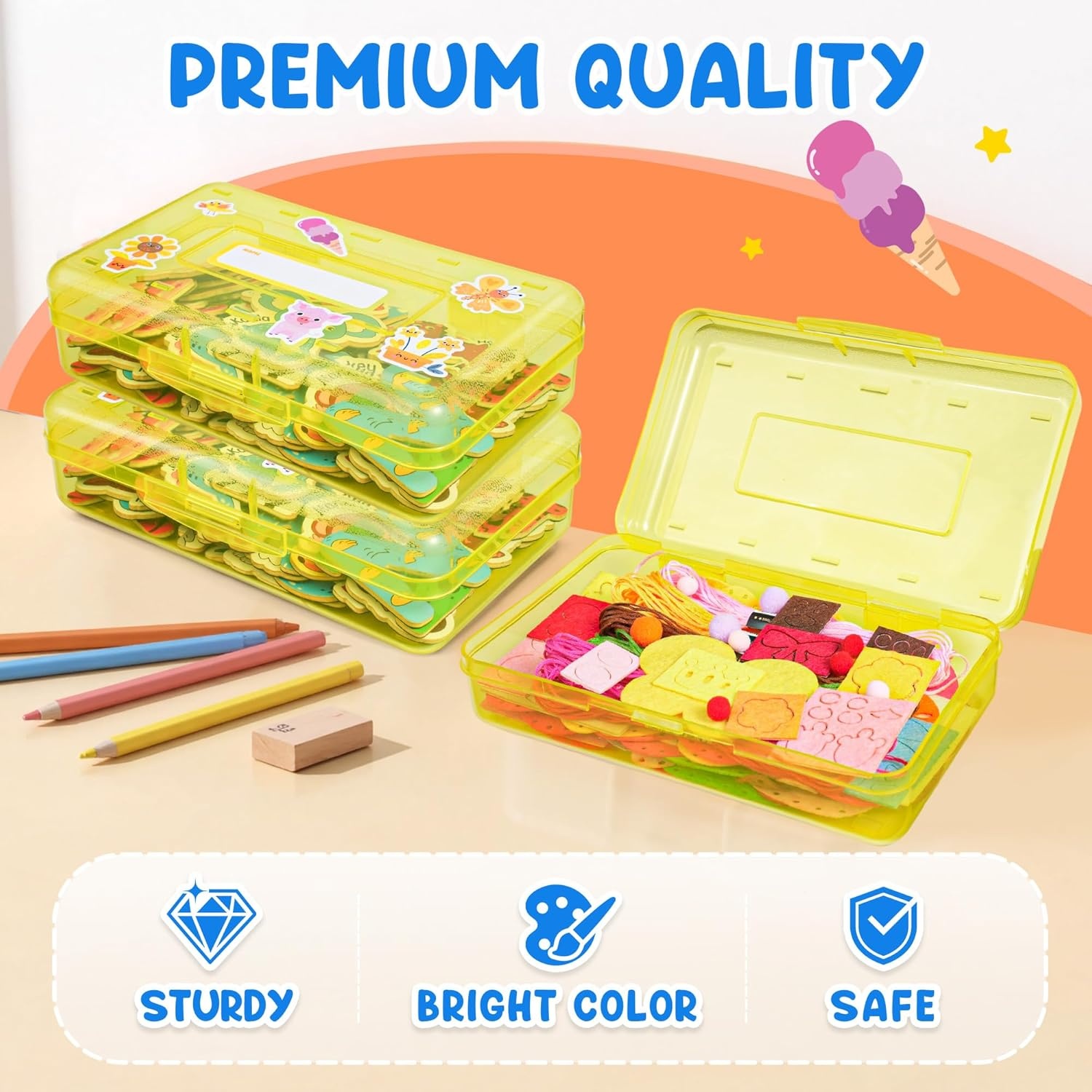 GAMENOTE Plastic Pencil Box with Personalized Sticker,Kid Hard Pencil Case with Snap-tight Lid,Small Art Craft Storage Containers,School Supplies Box for Boys,Girls (Purple)(Yellow)
