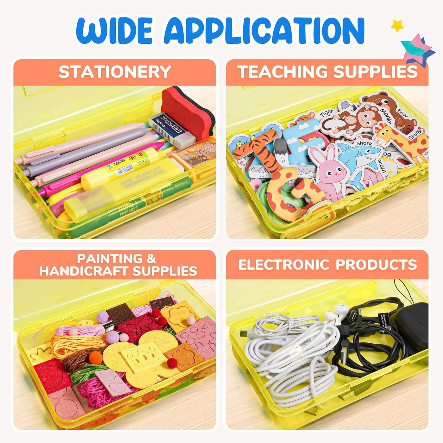 GAMENOTE Plastic Pencil Box with Personalized Sticker,Kid Hard Pencil Case with Snap-tight Lid,Small Art Craft Storage Containers,School Supplies Box for Boys,Girls (Purple)(Yellow)