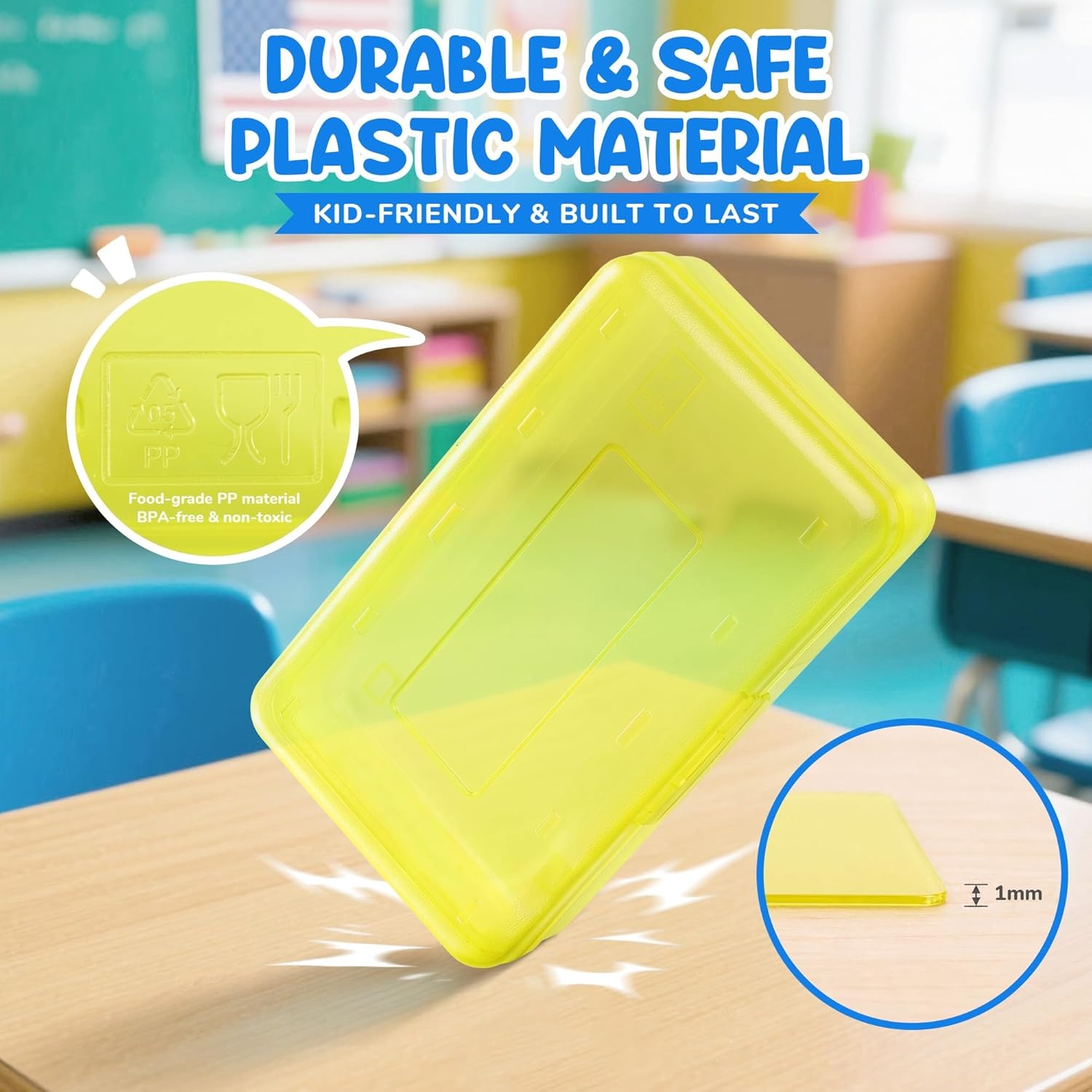 GAMENOTE Plastic Pencil Box with Personalized Sticker,Kid Hard Pencil Case with Snap-tight Lid,Small Art Craft Storage Containers,School Supplies Box for Boys,Girls (Purple)(Yellow)