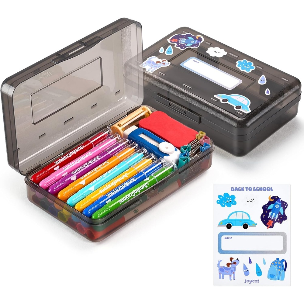 GAMENOTE Plastic Pencil Box with Personalized Sticker,Kid Hard Pencil Case with Snap-tight Lid,Small Art Craft Storage Containers,School Supplies Box for Boys,Girls (Purple)(Grey)