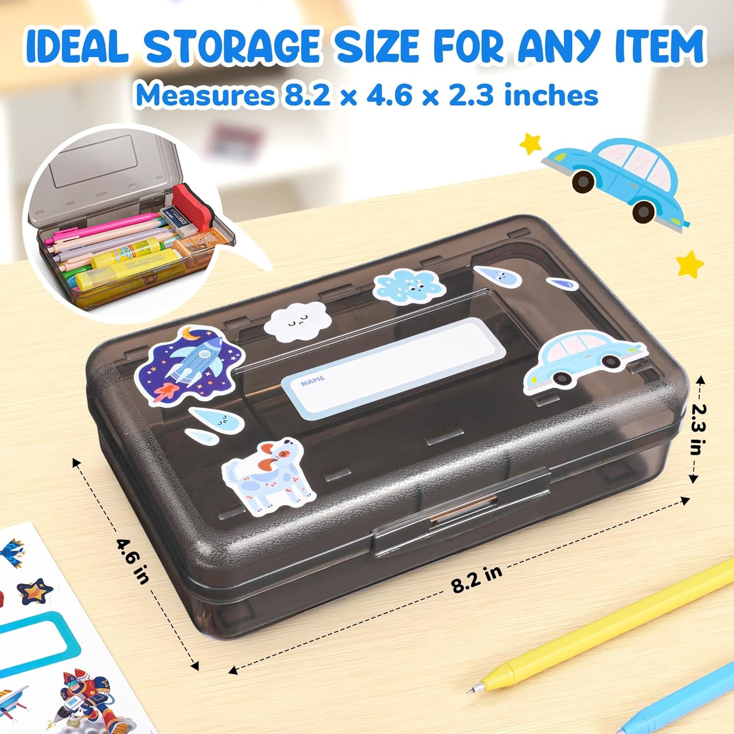 GAMENOTE Plastic Pencil Box with Personalized Sticker,Kid Hard Pencil Case with Snap-tight Lid,Small Art Craft Storage Containers,School Supplies Box for Boys,Girls (Purple)(Grey)