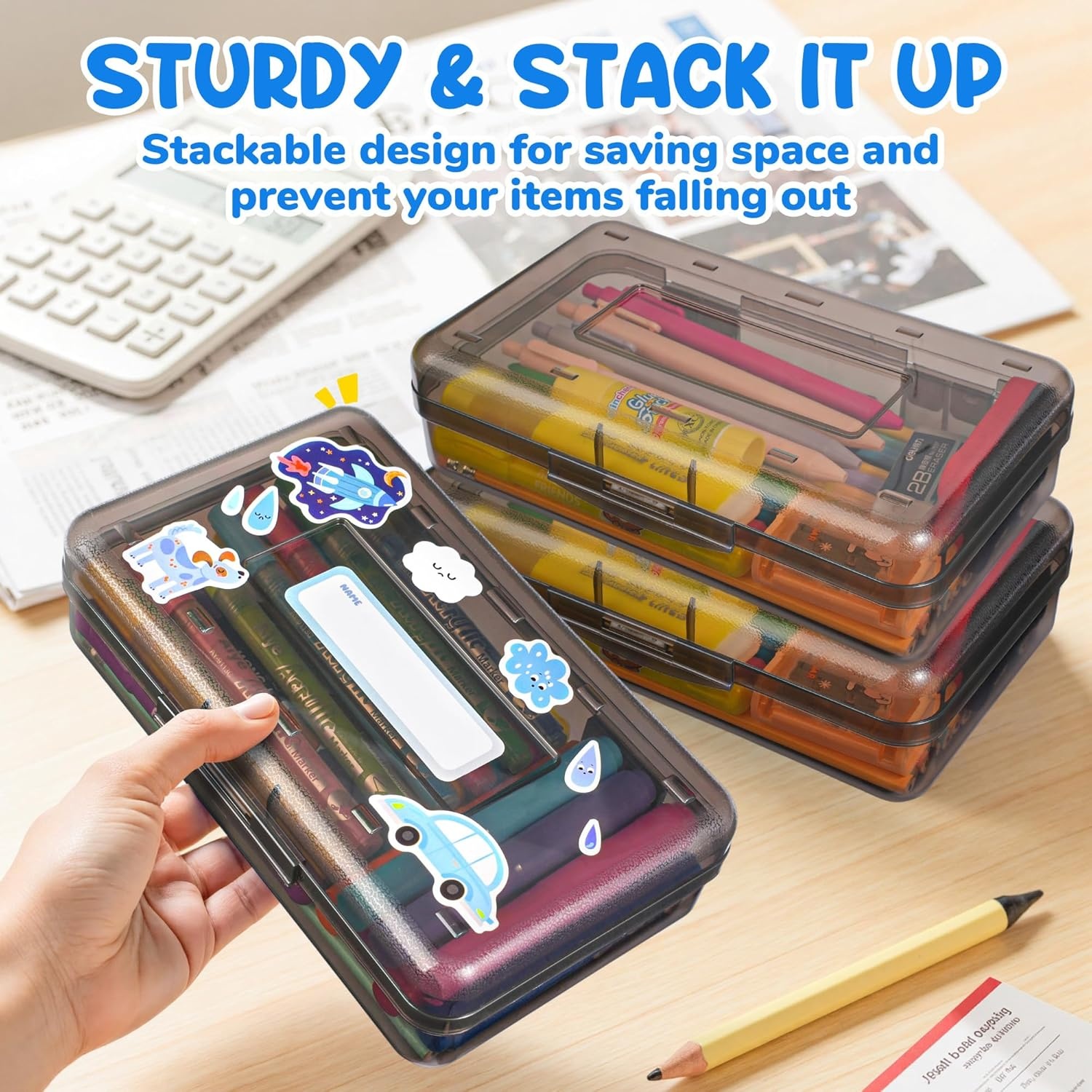 GAMENOTE Plastic Pencil Box with Personalized Sticker,Kid Hard Pencil Case with Snap-tight Lid,Small Art Craft Storage Containers,School Supplies Box for Boys,Girls (Purple)(Grey)