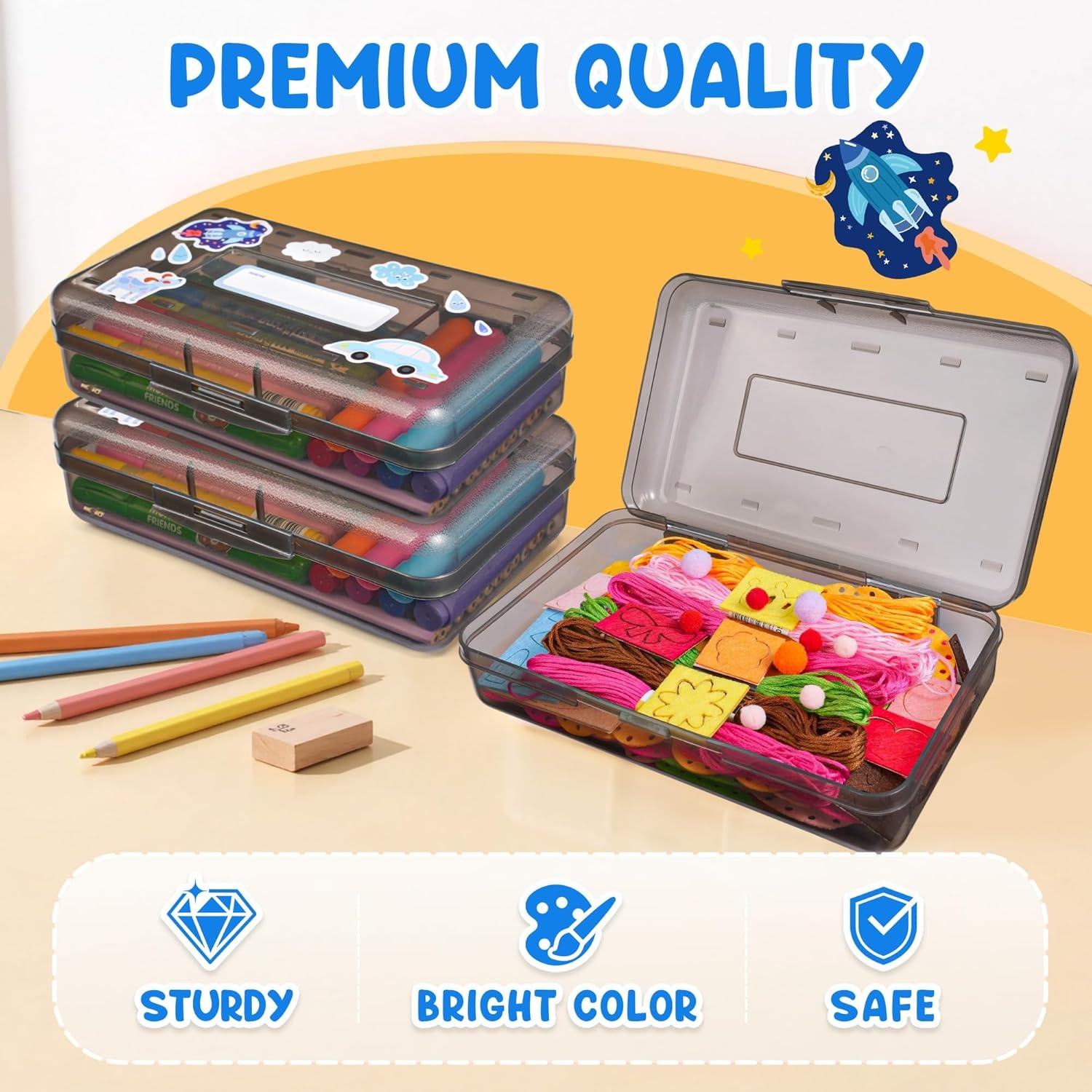 GAMENOTE Plastic Pencil Box with Personalized Sticker,Kid Hard Pencil Case with Snap-tight Lid,Small Art Craft Storage Containers,School Supplies Box for Boys,Girls (Purple)(Grey)
