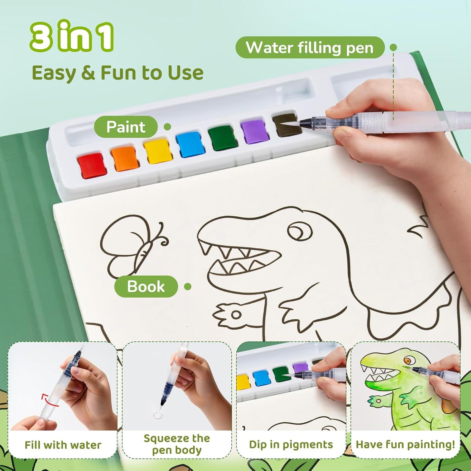 JoyCat Paint with Water Coloring Books for Toddlers, Watercolor Painting Sets for Kids Ages 3-5 4-8, Arts and Crafts Drawing Activities Toy Birthday Gift for Boys Girls (Animal & Alphabet)(Dinosaur & Vehicle)