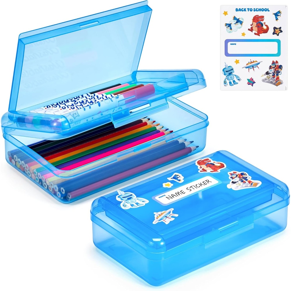 GAMENOTE Double Layer Pencil Box, Hard Plastic Case with Latch, Large Art Storage Organizer for Kids, Crayon Marker Pen Holder with Stickers (Double-Layer Blue)(Double-Layer Blue)