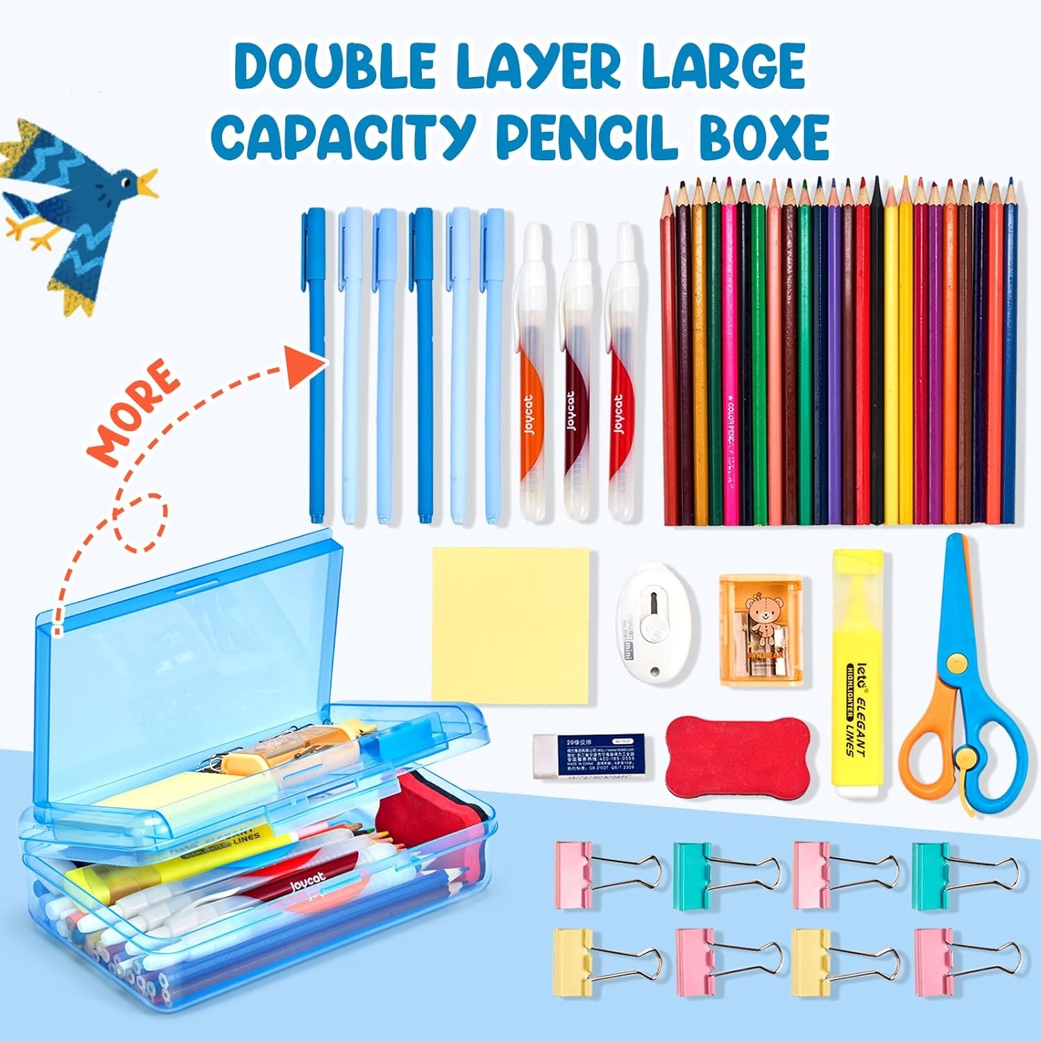 GAMENOTE Double Layer Pencil Box, Hard Plastic Case with Latch, Large Art Storage Organizer for Kids, Crayon Marker Pen Holder with Stickers (Double-Layer Blue)(Double-Layer Blue)
