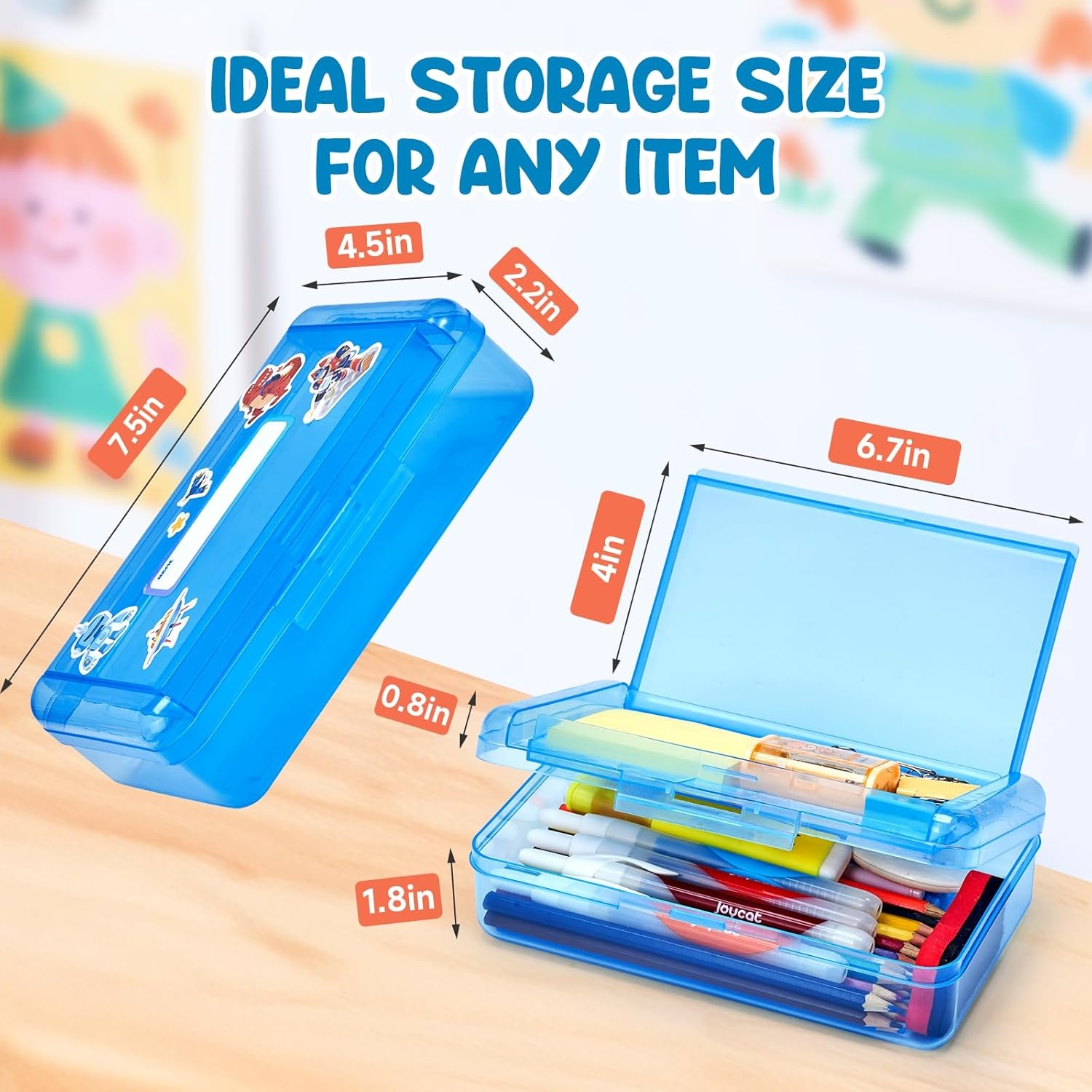 GAMENOTE Double Layer Pencil Box, Hard Plastic Case with Latch, Large Art Storage Organizer for Kids, Crayon Marker Pen Holder with Stickers (Double-Layer Blue)(Double-Layer Blue)