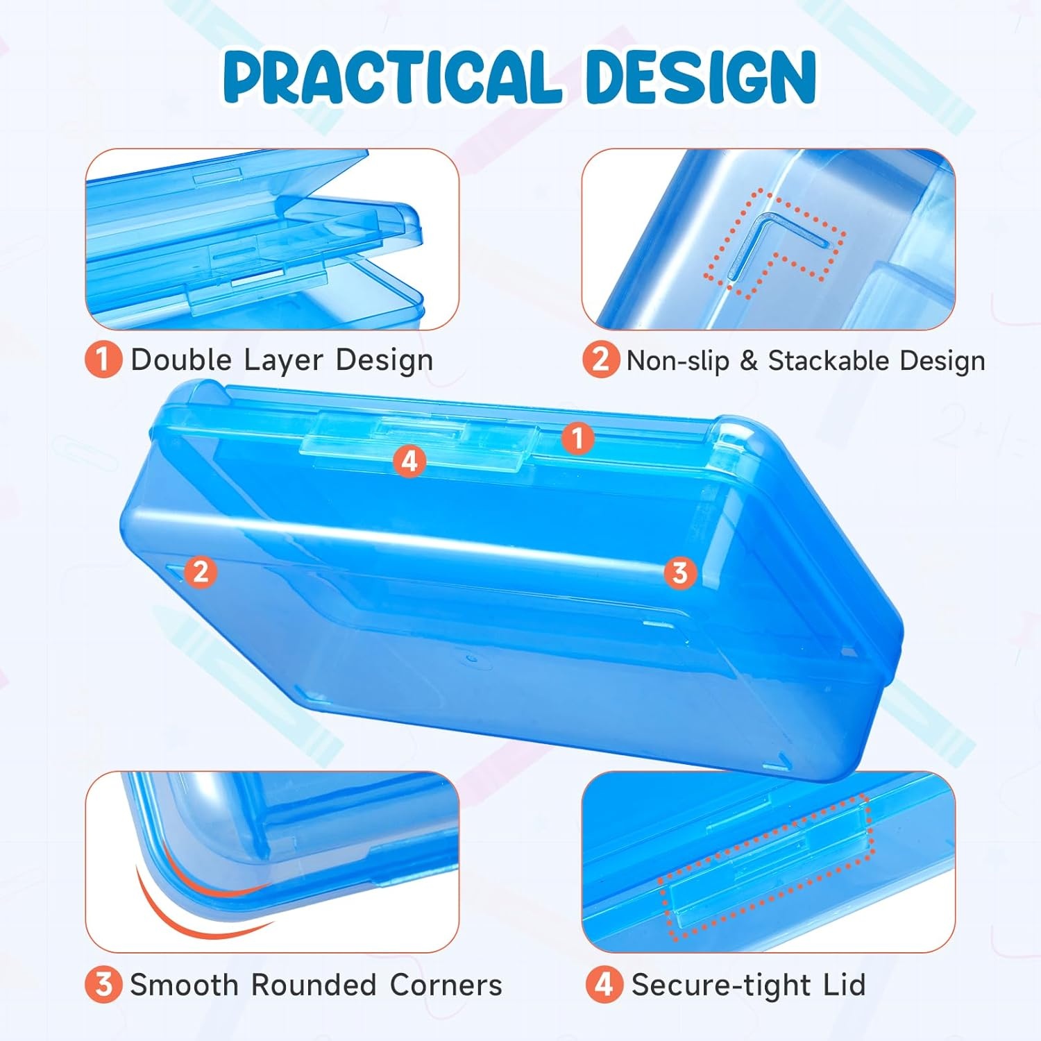GAMENOTE Double Layer Pencil Box, Hard Plastic Case with Latch, Large Art Storage Organizer for Kids, Crayon Marker Pen Holder with Stickers (Double-Layer Blue)(Double-Layer Blue)