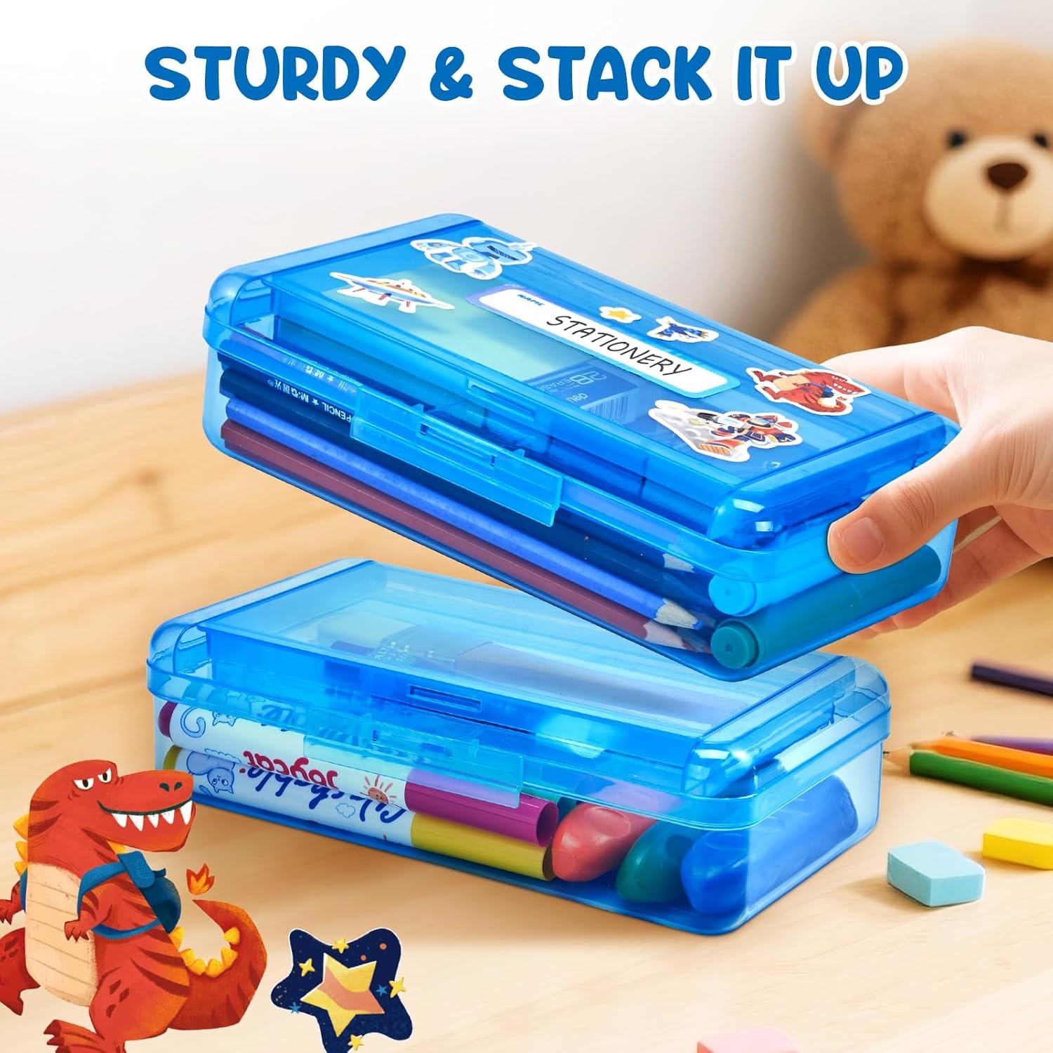 GAMENOTE Double Layer Pencil Box, Hard Plastic Case with Latch, Large Art Storage Organizer for Kids, Crayon Marker Pen Holder with Stickers (Double-Layer Blue)(Double-Layer Blue)