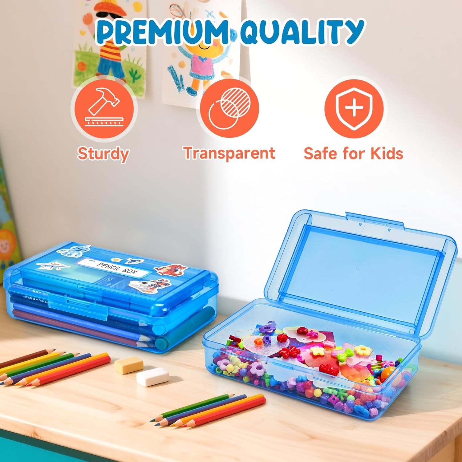GAMENOTE Double Layer Pencil Box, Hard Plastic Case with Latch, Large Art Storage Organizer for Kids, Crayon Marker Pen Holder with Stickers (Double-Layer Blue)(Double-Layer Blue)