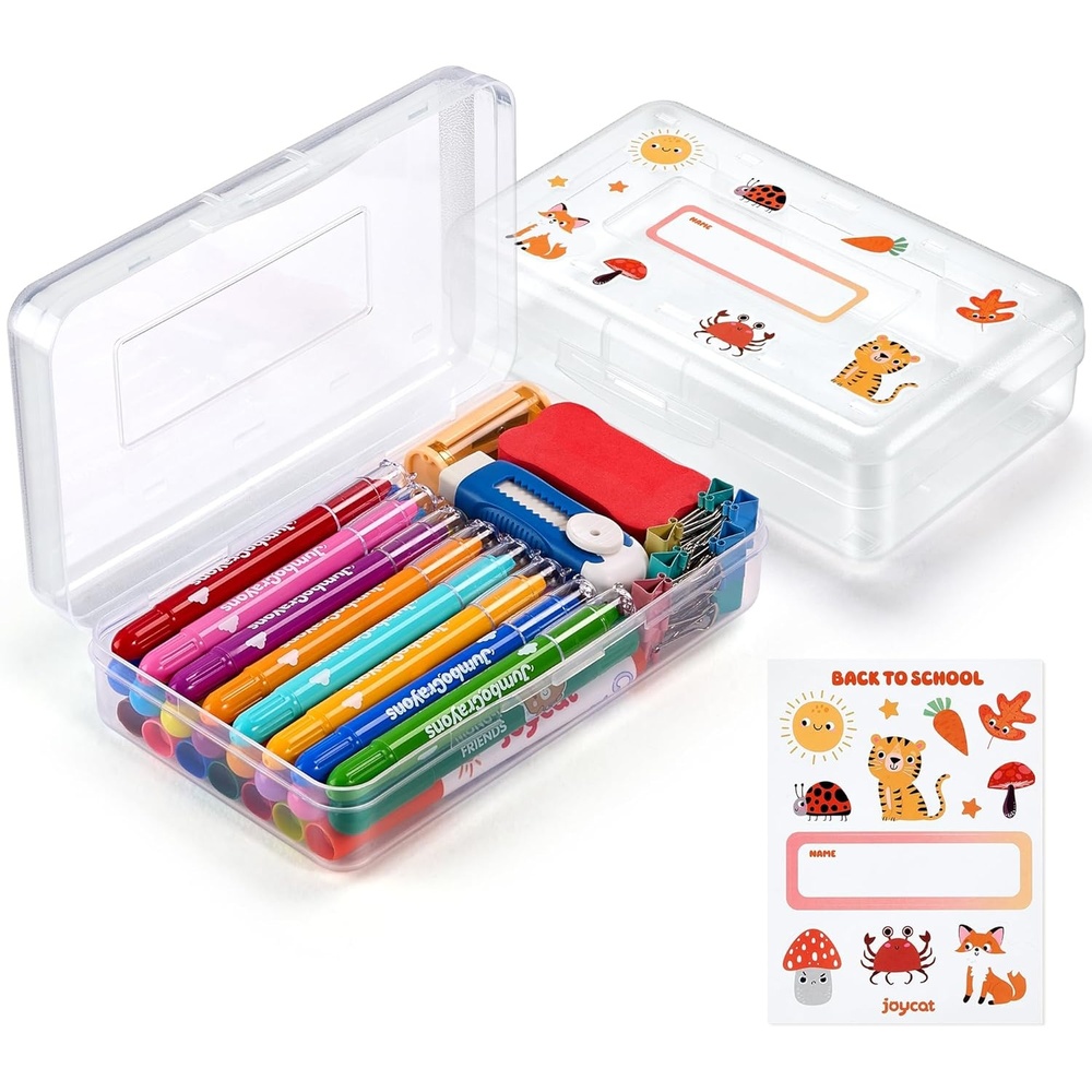 GAMENOTE Plastic Pencil Box with Personalized Sticker,Kid Hard Pencil Case with Snap-tight Lid,Small Art Craft Storage Containers,School Supplies Box for Boys,Girls (Purple)(Clear)