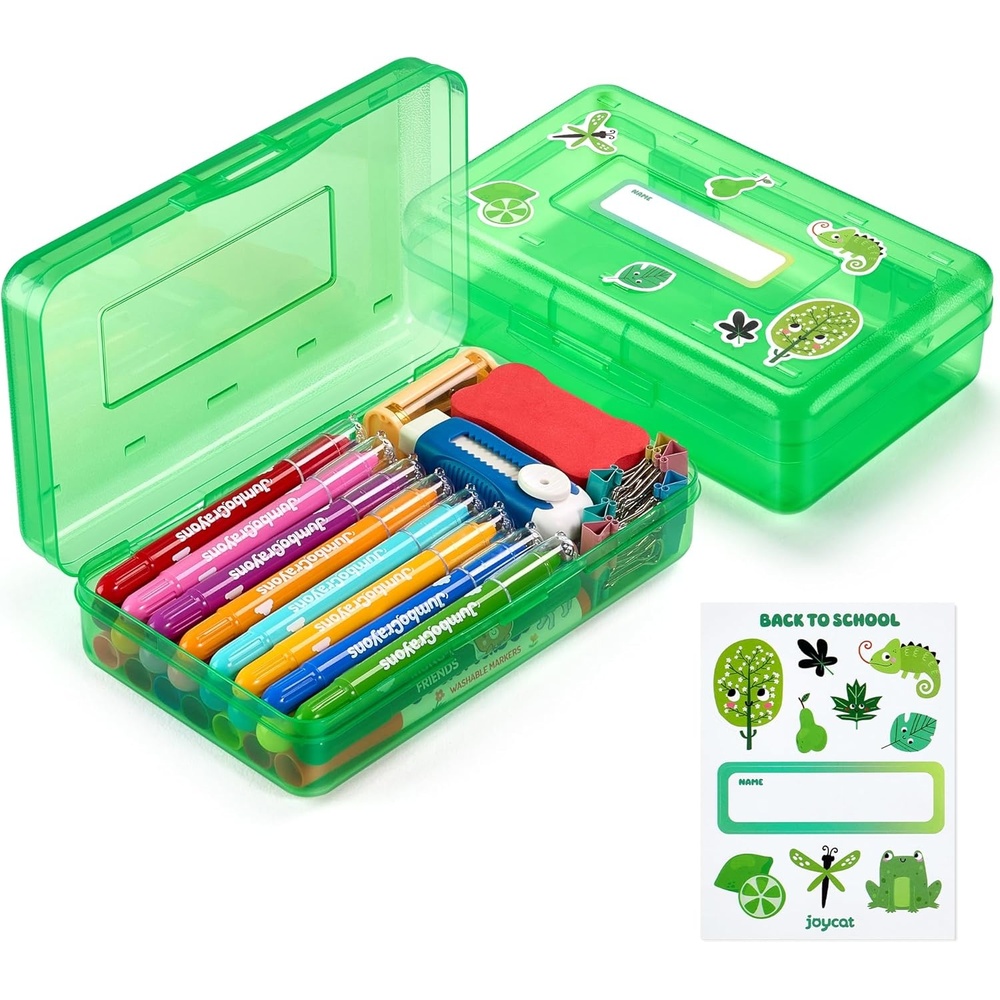 GAMENOTE Plastic Pencil Box with Personalized Sticker,Kid Hard Pencil Case with Snap-tight Lid,Small Art Craft Storage Containers,School Supplies Box for Boys,Girls (Purple)(Green)