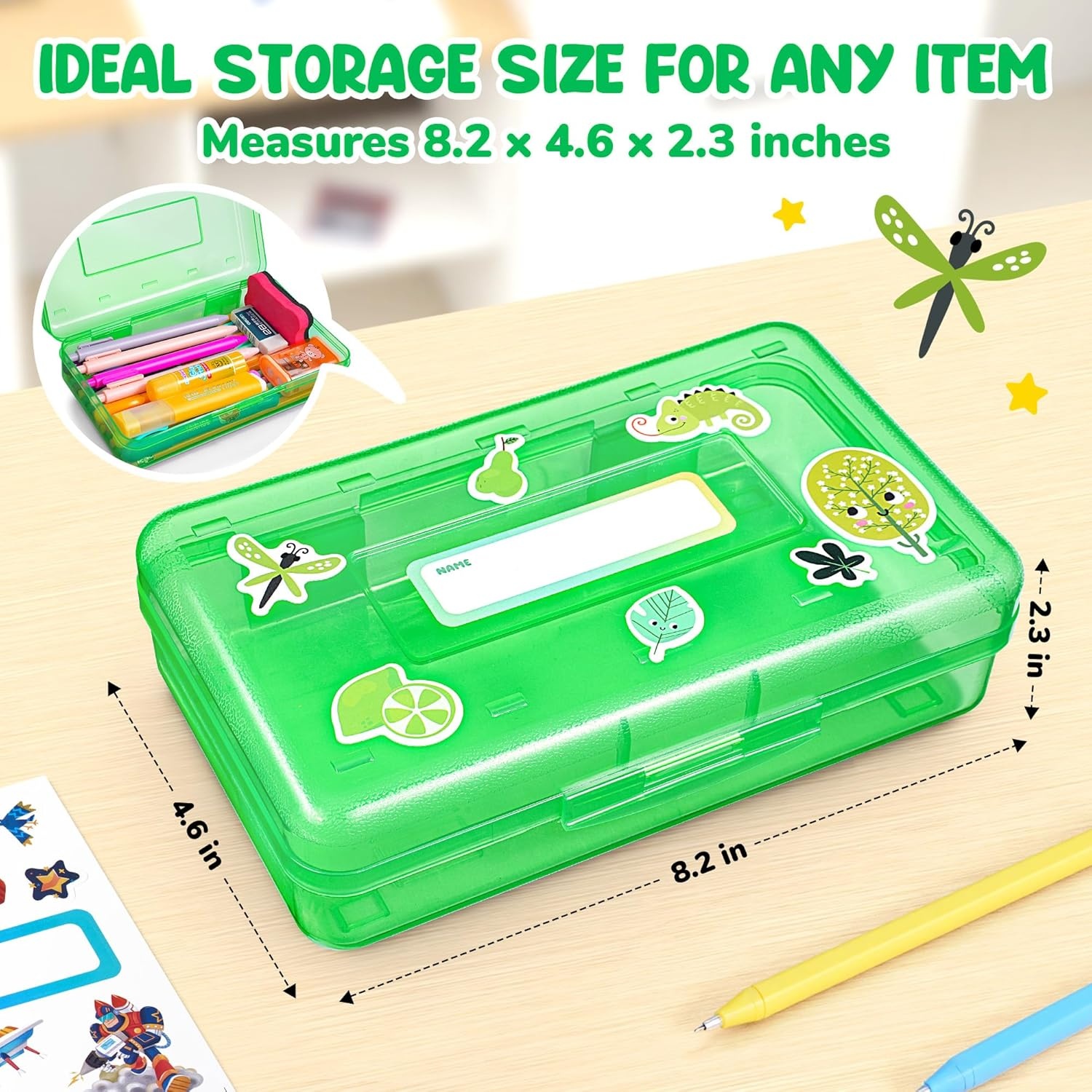GAMENOTE Plastic Pencil Box with Personalized Sticker,Kid Hard Pencil Case with Snap-tight Lid,Small Art Craft Storage Containers,School Supplies Box for Boys,Girls (Purple)(Green)