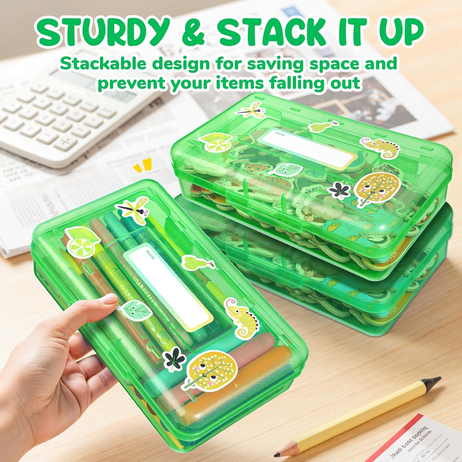 GAMENOTE Plastic Pencil Box with Personalized Sticker,Kid Hard Pencil Case with Snap-tight Lid,Small Art Craft Storage Containers,School Supplies Box for Boys,Girls (Purple)(Green)