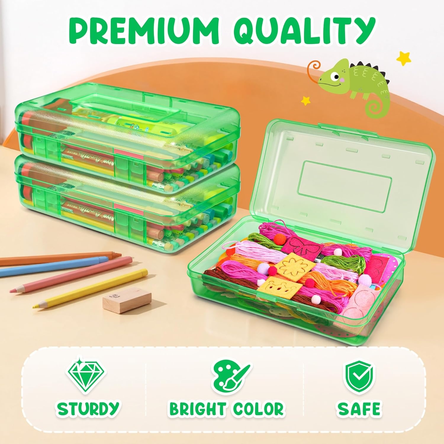 GAMENOTE Plastic Pencil Box with Personalized Sticker,Kid Hard Pencil Case with Snap-tight Lid,Small Art Craft Storage Containers,School Supplies Box for Boys,Girls (Purple)(Green)