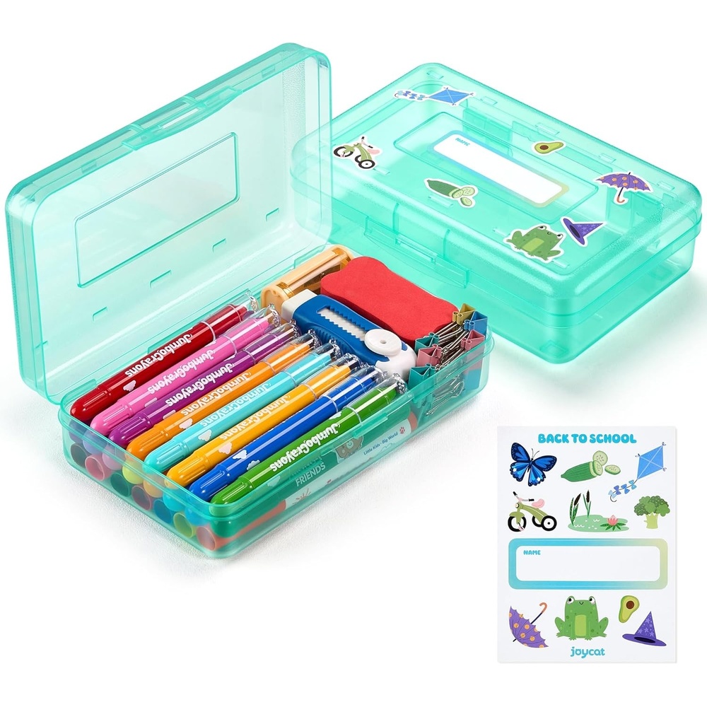 GAMENOTE Plastic Pencil Box with Personalized Sticker,Kid Hard Pencil Case with Snap-tight Lid,Small Art Craft Storage Containers,School Supplies Box for Boys,Girls (Purple)(Turquoise)