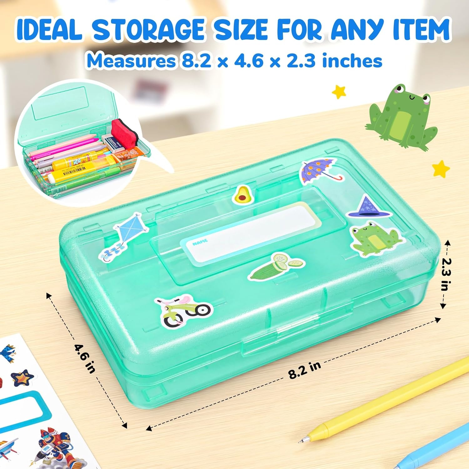 GAMENOTE Plastic Pencil Box with Personalized Sticker,Kid Hard Pencil Case with Snap-tight Lid,Small Art Craft Storage Containers,School Supplies Box for Boys,Girls (Purple)(Turquoise)