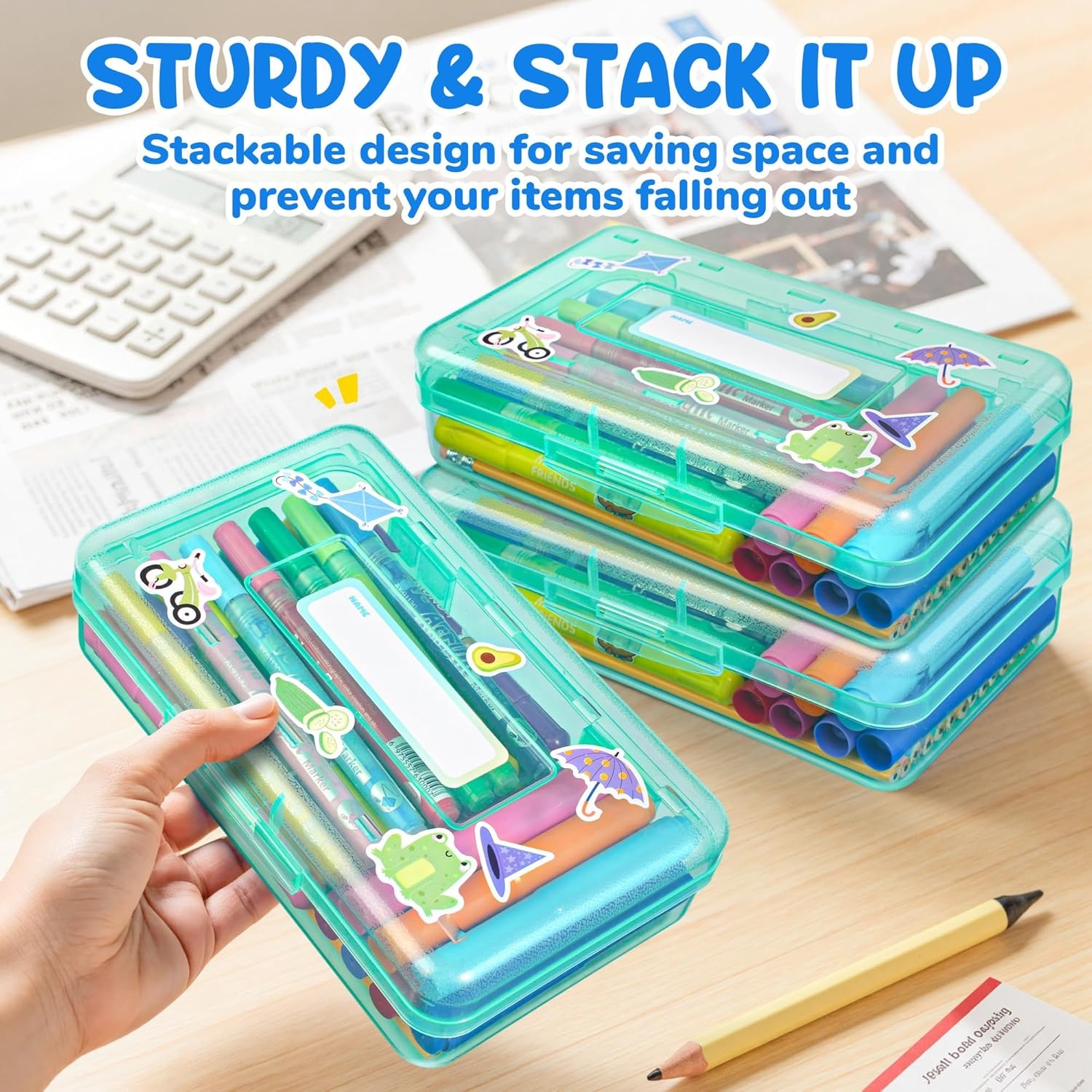 GAMENOTE Plastic Pencil Box with Personalized Sticker,Kid Hard Pencil Case with Snap-tight Lid,Small Art Craft Storage Containers,School Supplies Box for Boys,Girls (Purple)(Turquoise)